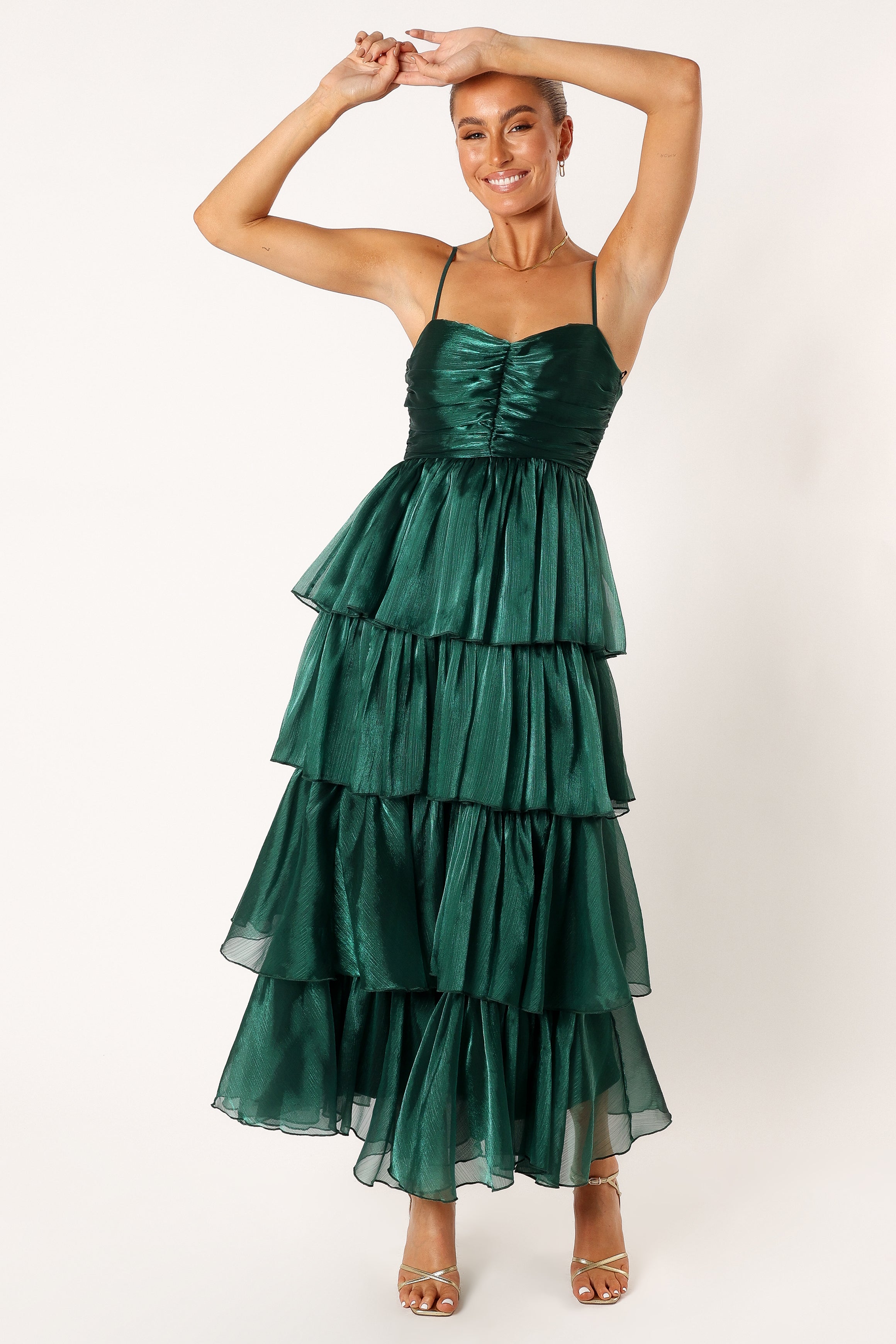 Petal and Pup USA DRESSES Jace Tiered Maxi Dress - Shimmer Emerald