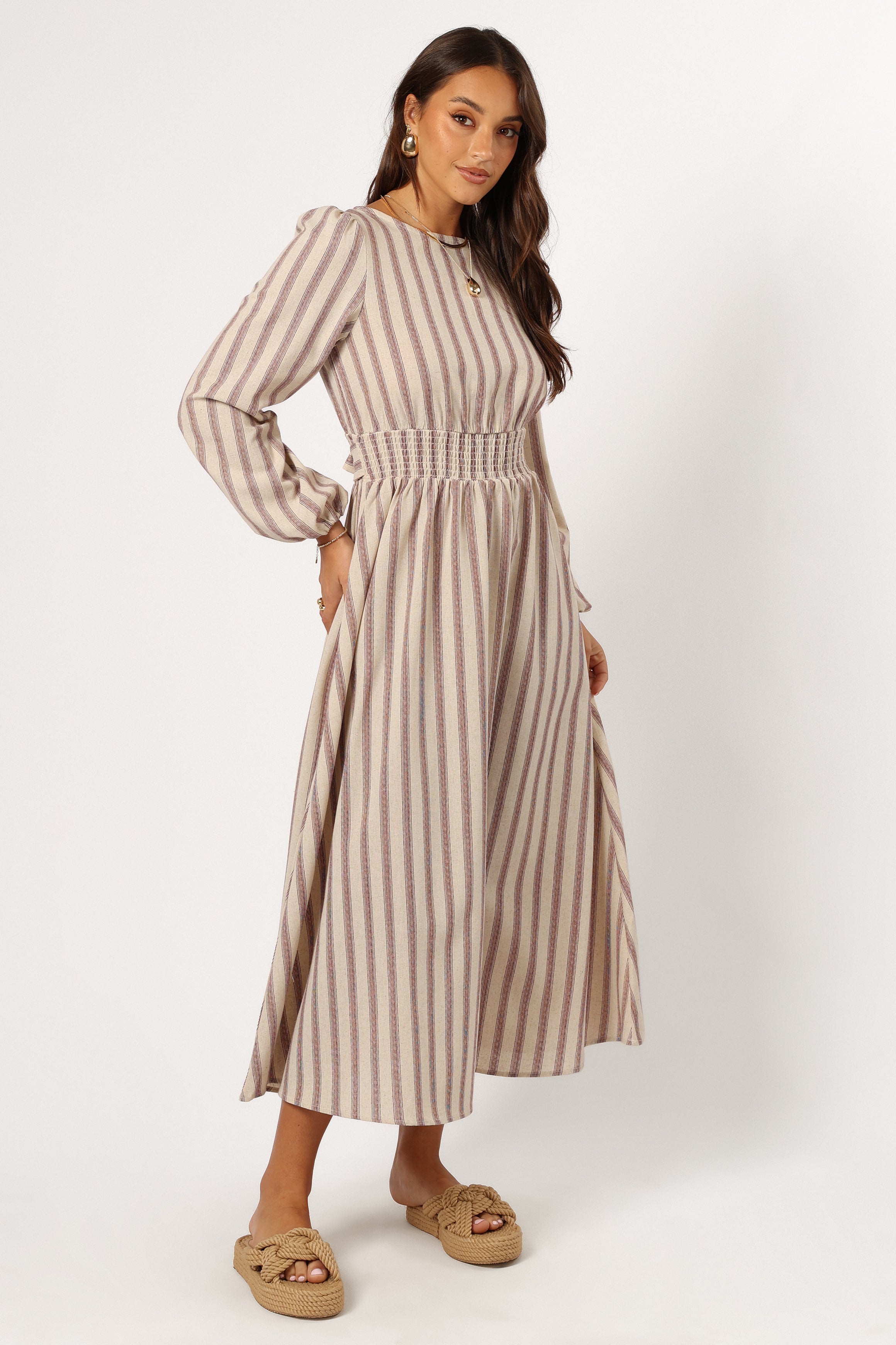 Petal and Pup USA DRESSES Jimi Long Sleeve Maxi Dress - Brown Stripe
