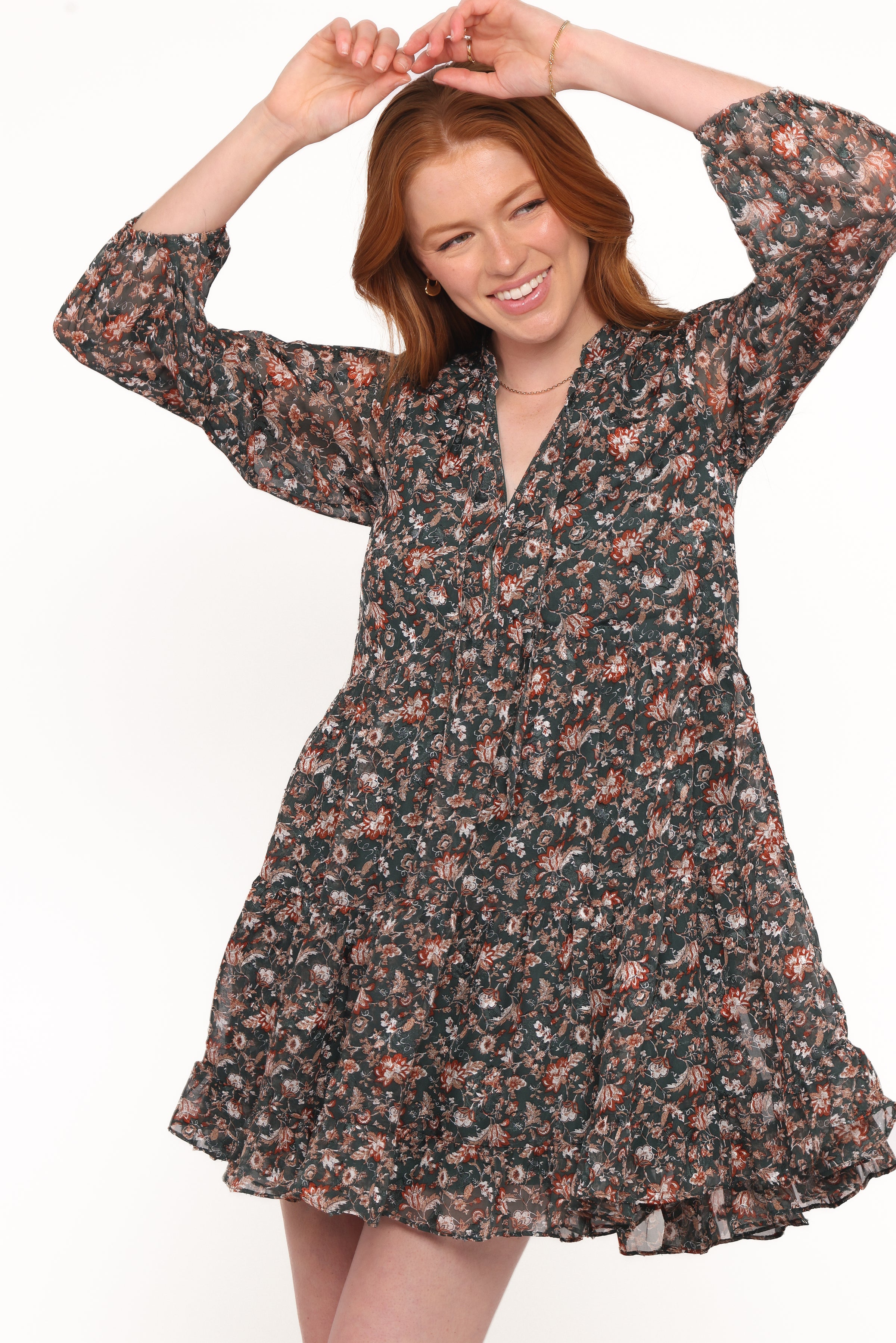 Petal and Pup USA DRESSES Jinny Long Sleeve Mini Dress - Dark Green/Multi