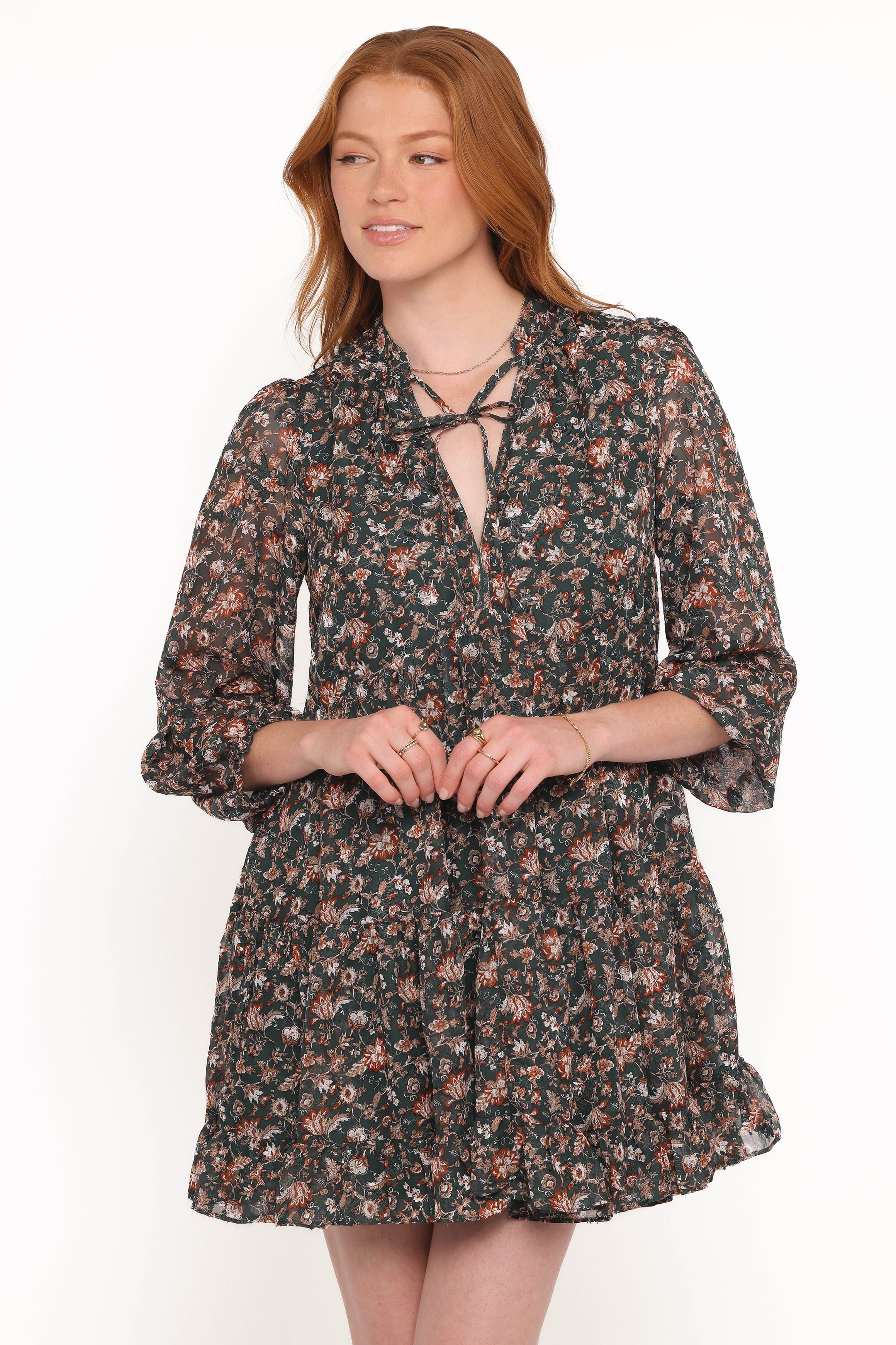Petal and Pup USA DRESSES Jinny Long Sleeve Mini Dress - Dark Green/Multi