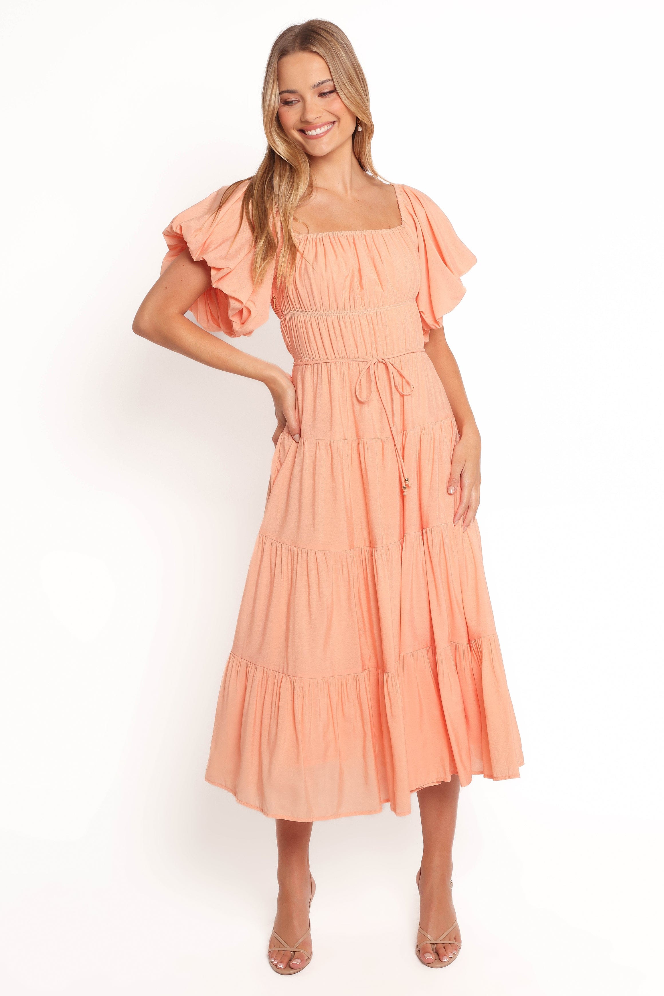 Petal and Pup USA DRESSES Julie Off Shoulder Midi Dress - Peach (Hold for Rack)