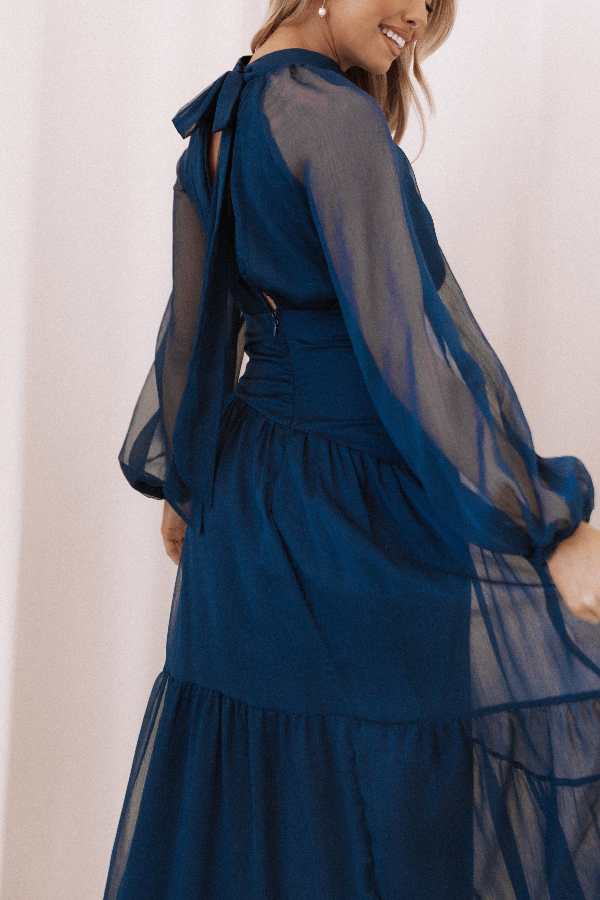 Petal and Pup USA DRESSES Julip Sheer Long Sleeve Maxi Dress - Navy