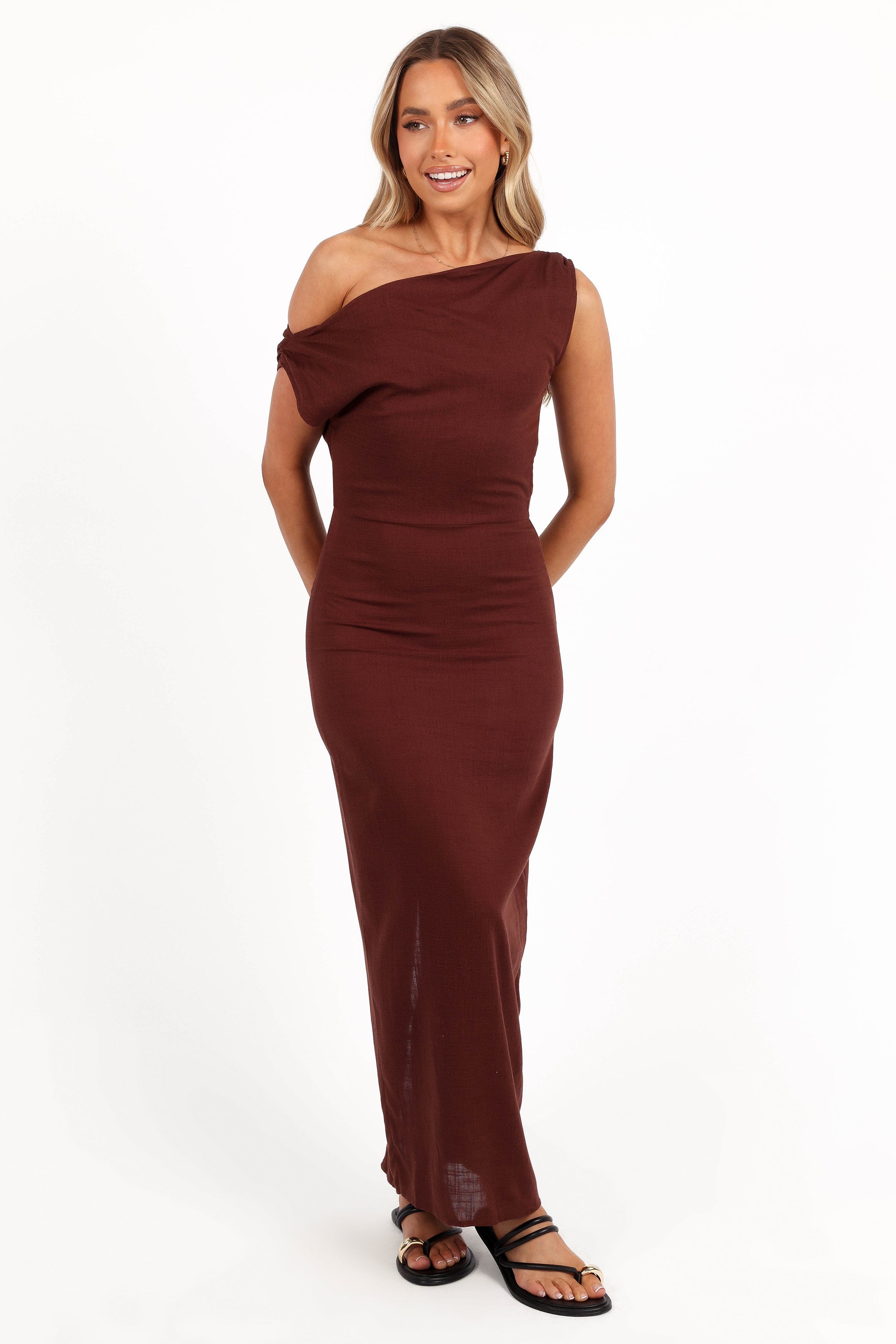 Petal and Pup USA DRESSES Kassie Off Shoulder Dress - Chocolate Brown