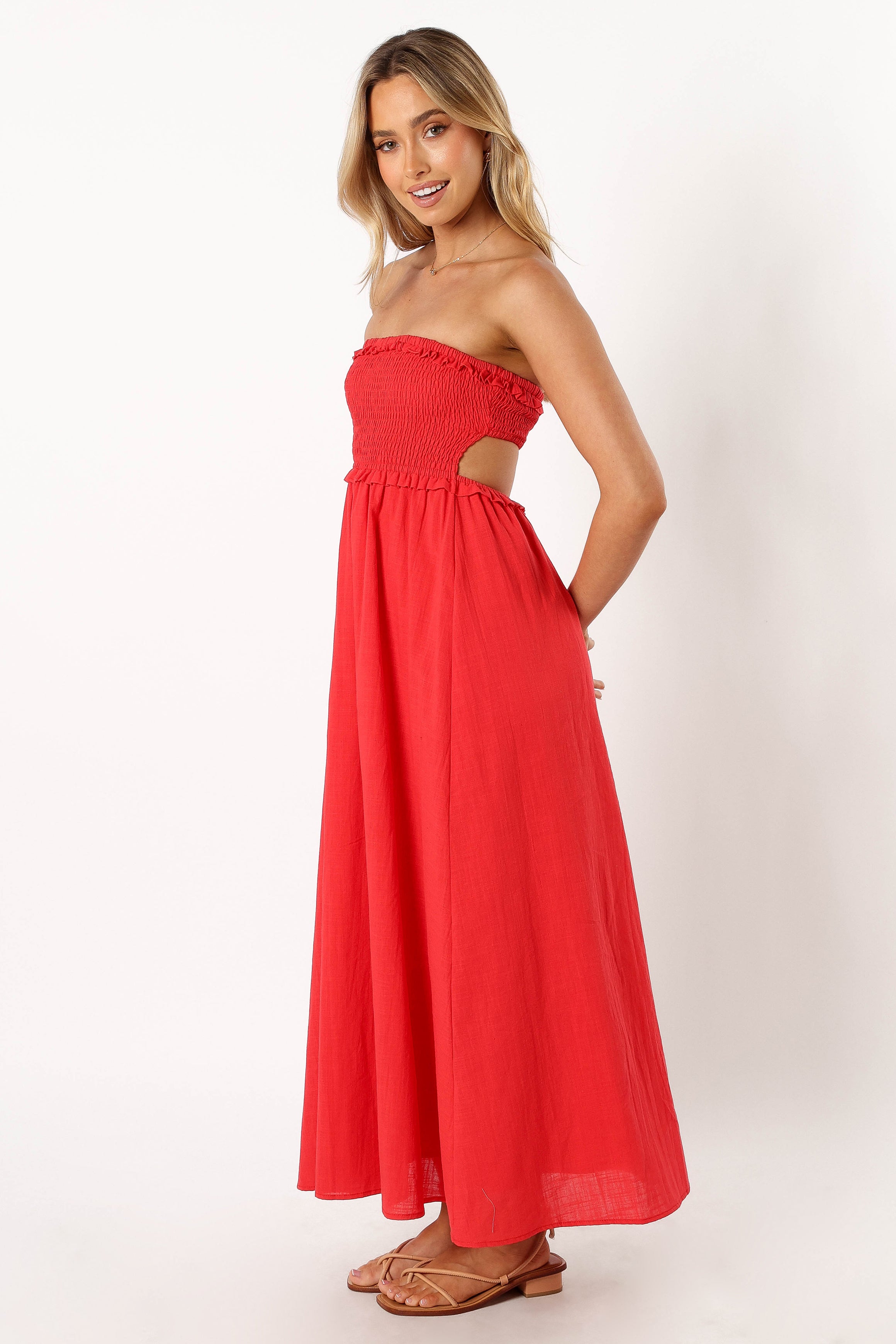 Petal and Pup USA DRESSES Katriona Strapless Midi Dress - Red