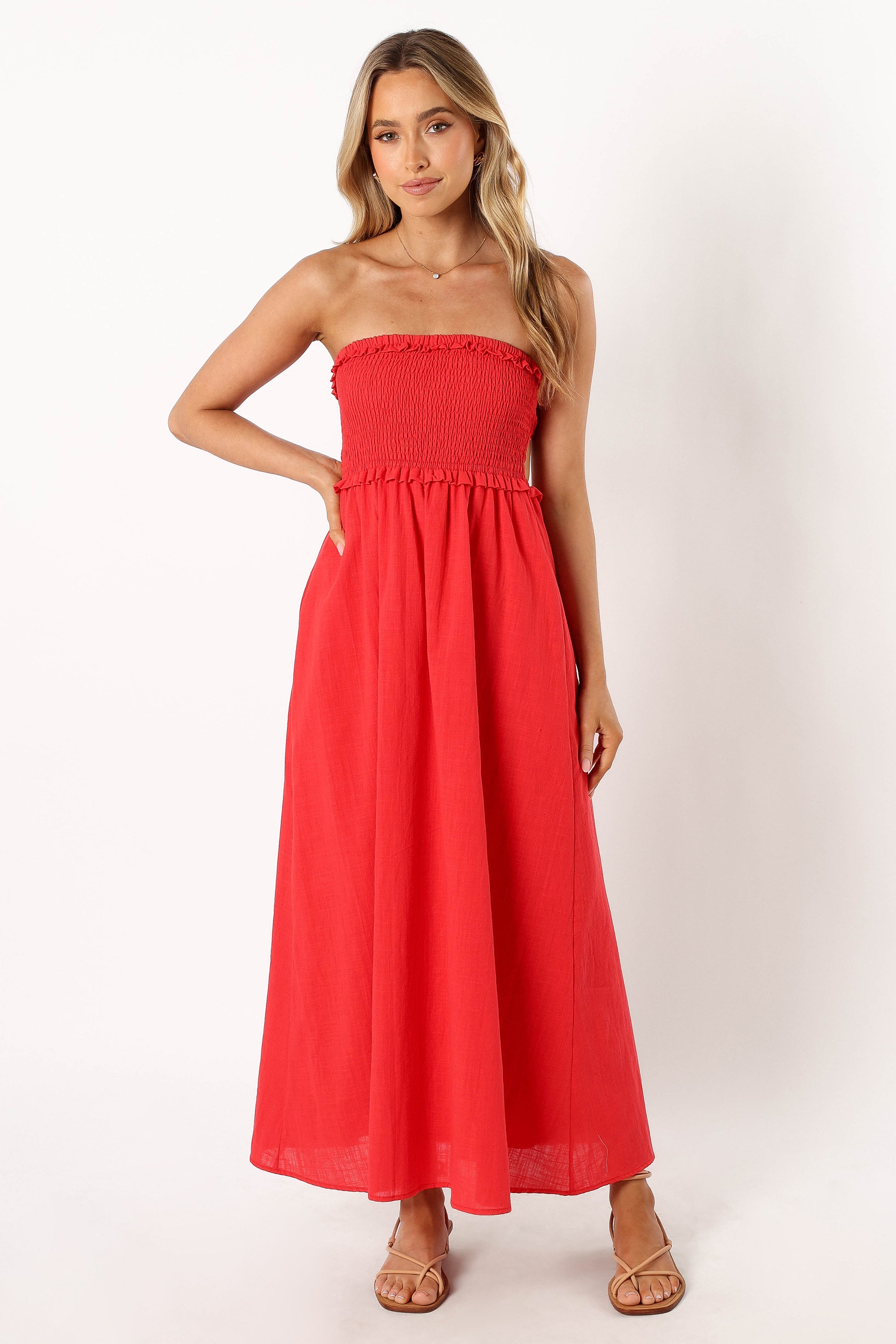 Petal and Pup USA DRESSES Katriona Strapless Midi Dress - Red