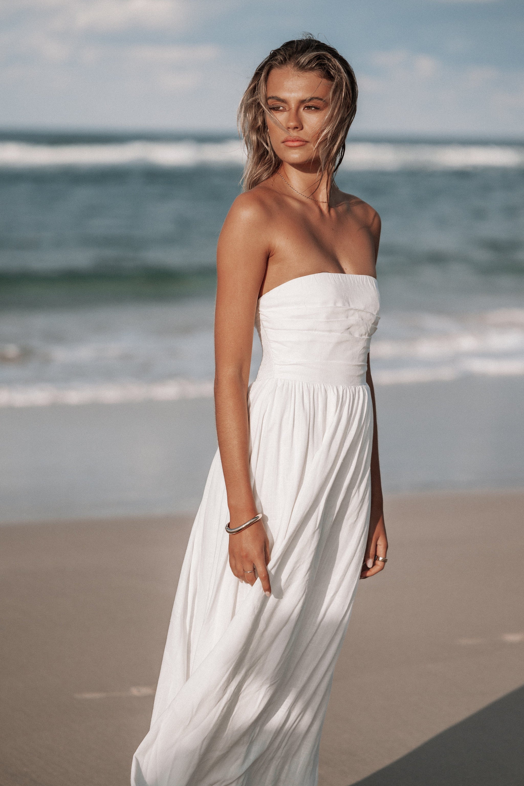 white strapless maxi dress Petal and Pup Women's Kayt Strapless Dress