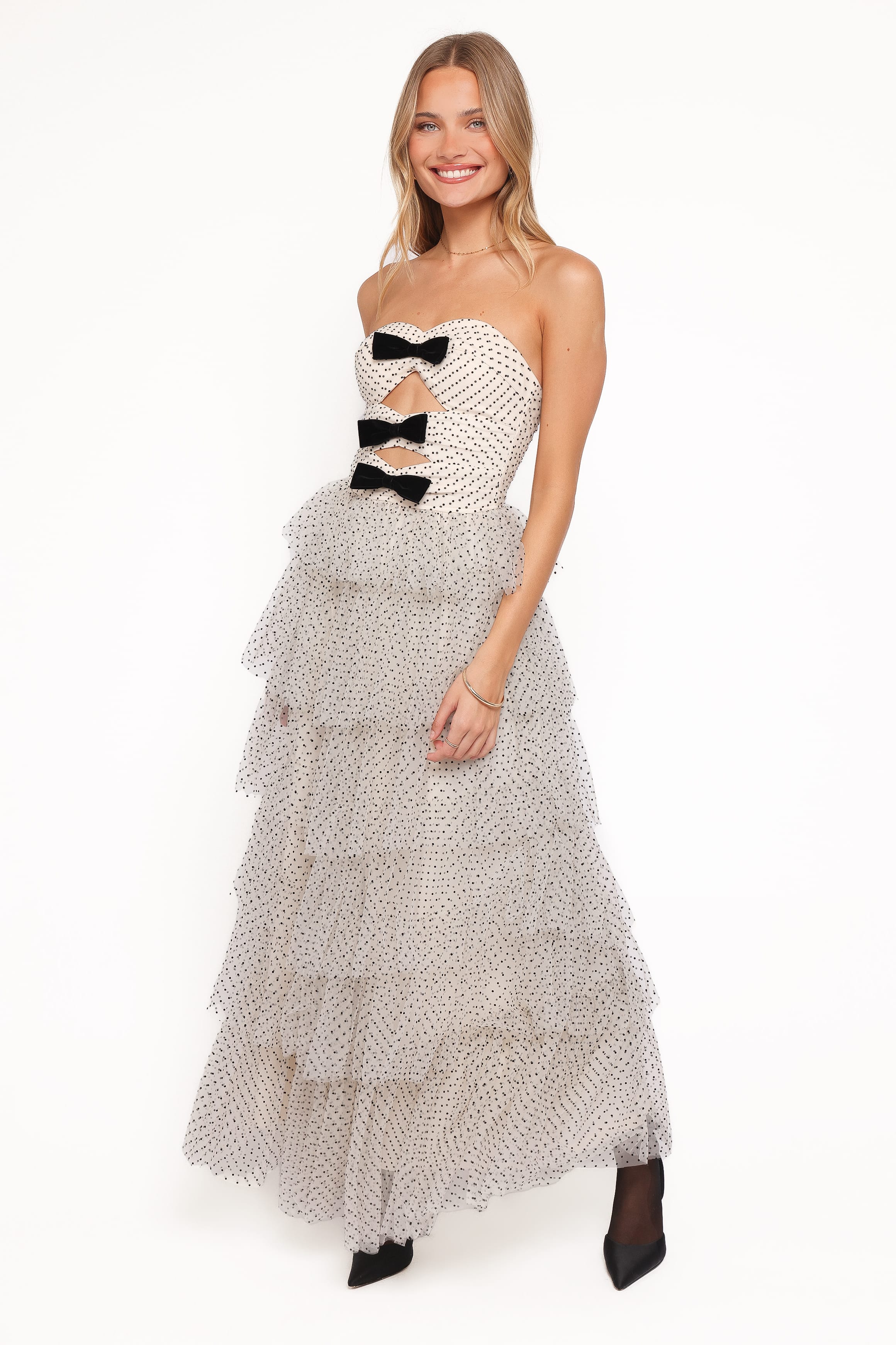 Petal and Pup USA DRESSES Kelari Strapless Midi Dress - Cream Polka Dot