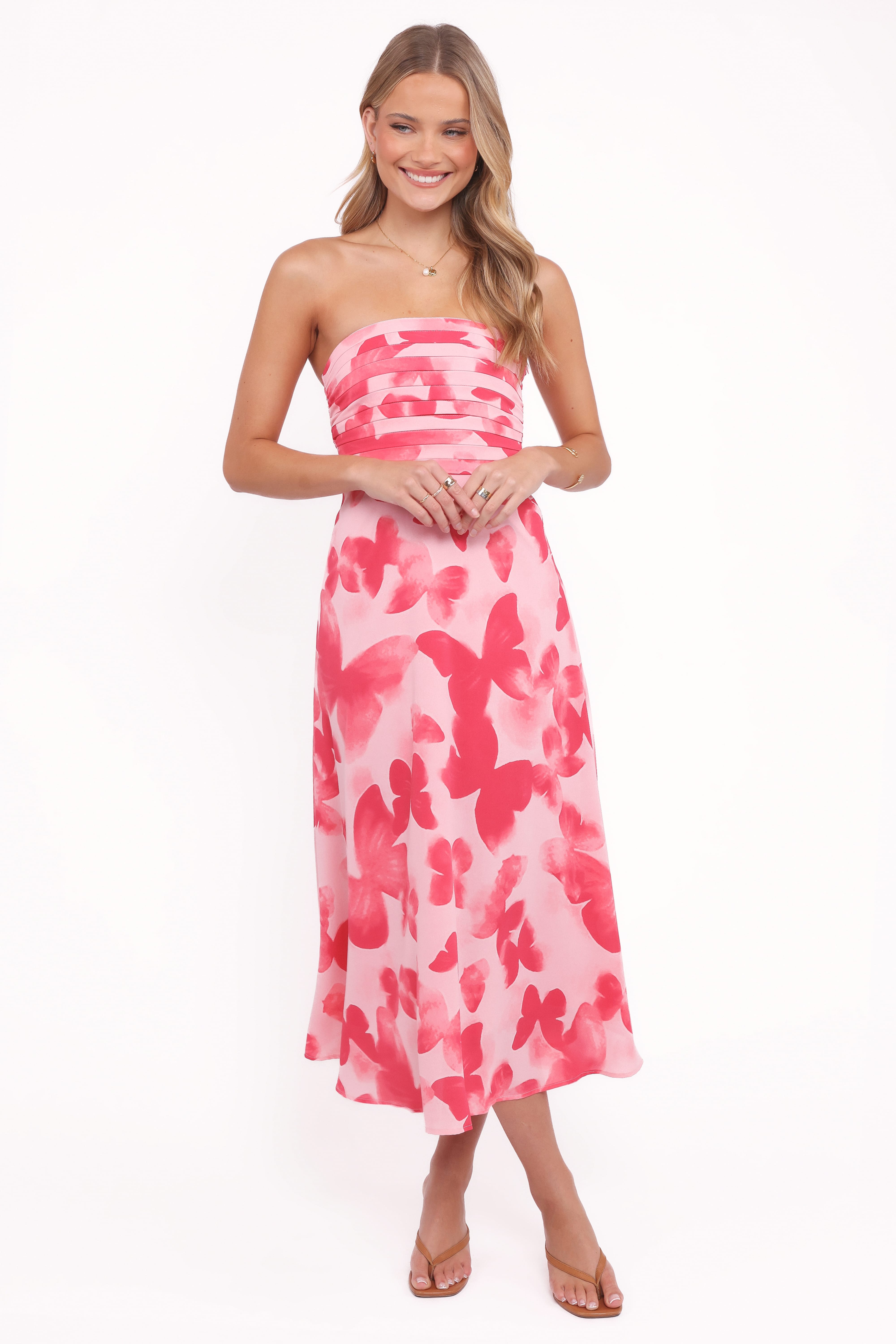 Petal and Pup USA DRESSES Kenna Strapless Midi Dress - Butterfly Print