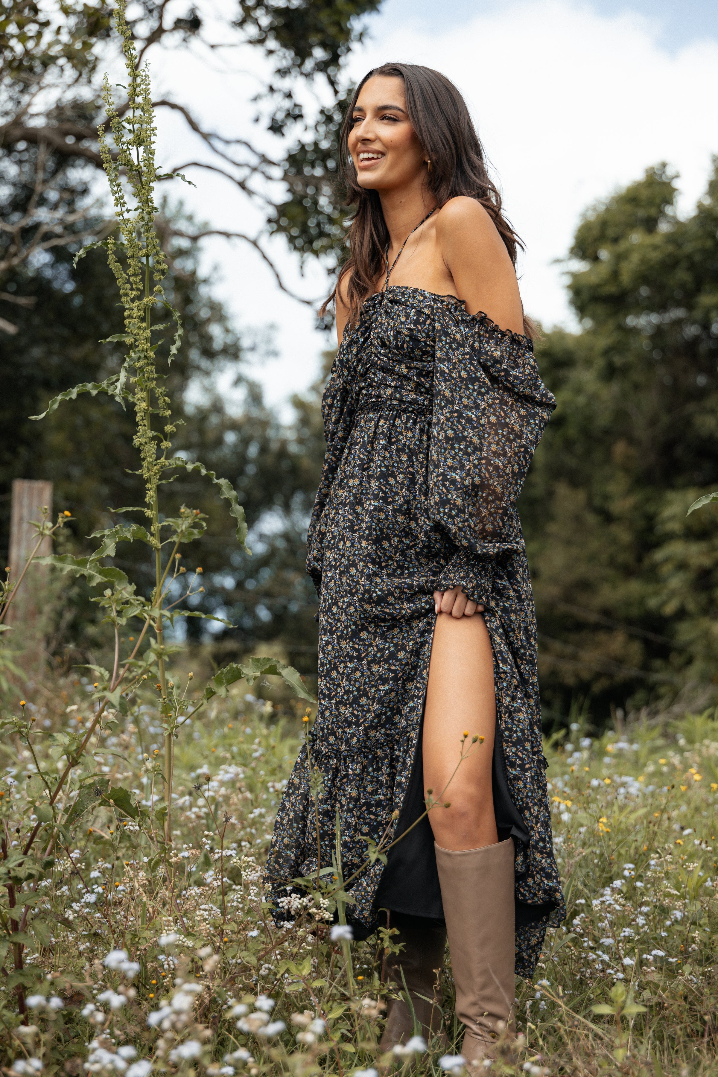 Petal and Pup USA DRESSES Keziah Long Sleeve Maxi Dress - Navy Ditsy Floral