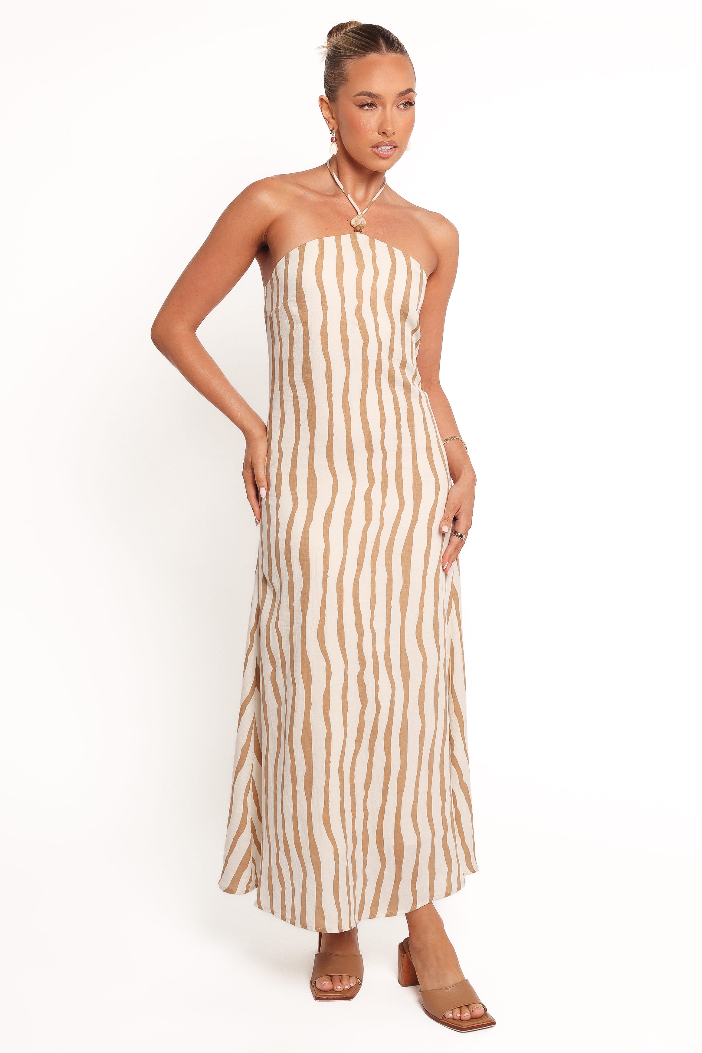 Petal and Pup USA DRESSES Kim Halter Maxi Dress - Tan Stripe