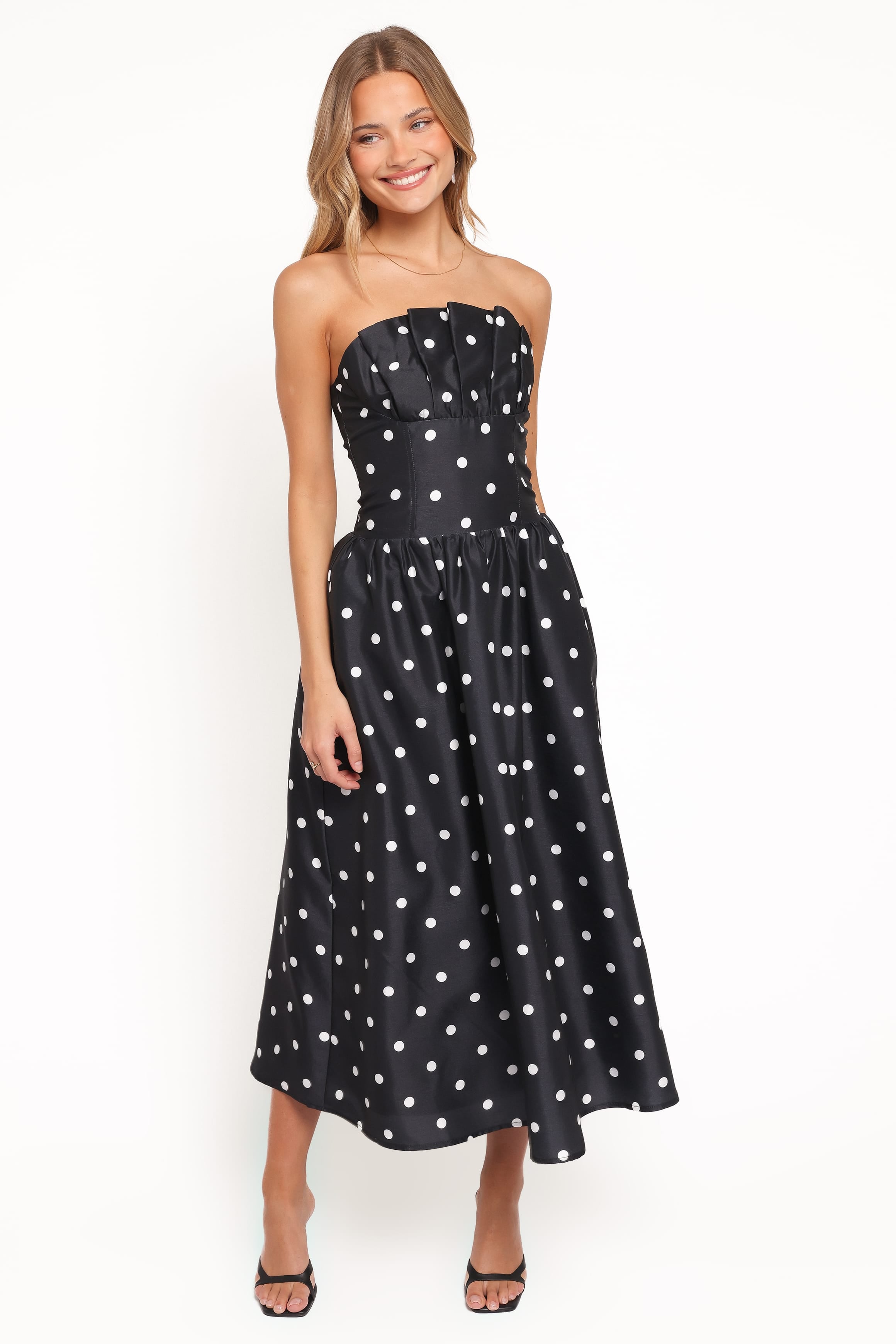 Petal and Pup USA DRESSES Kimbra Strapless Midi Dress - Black Polka Dot