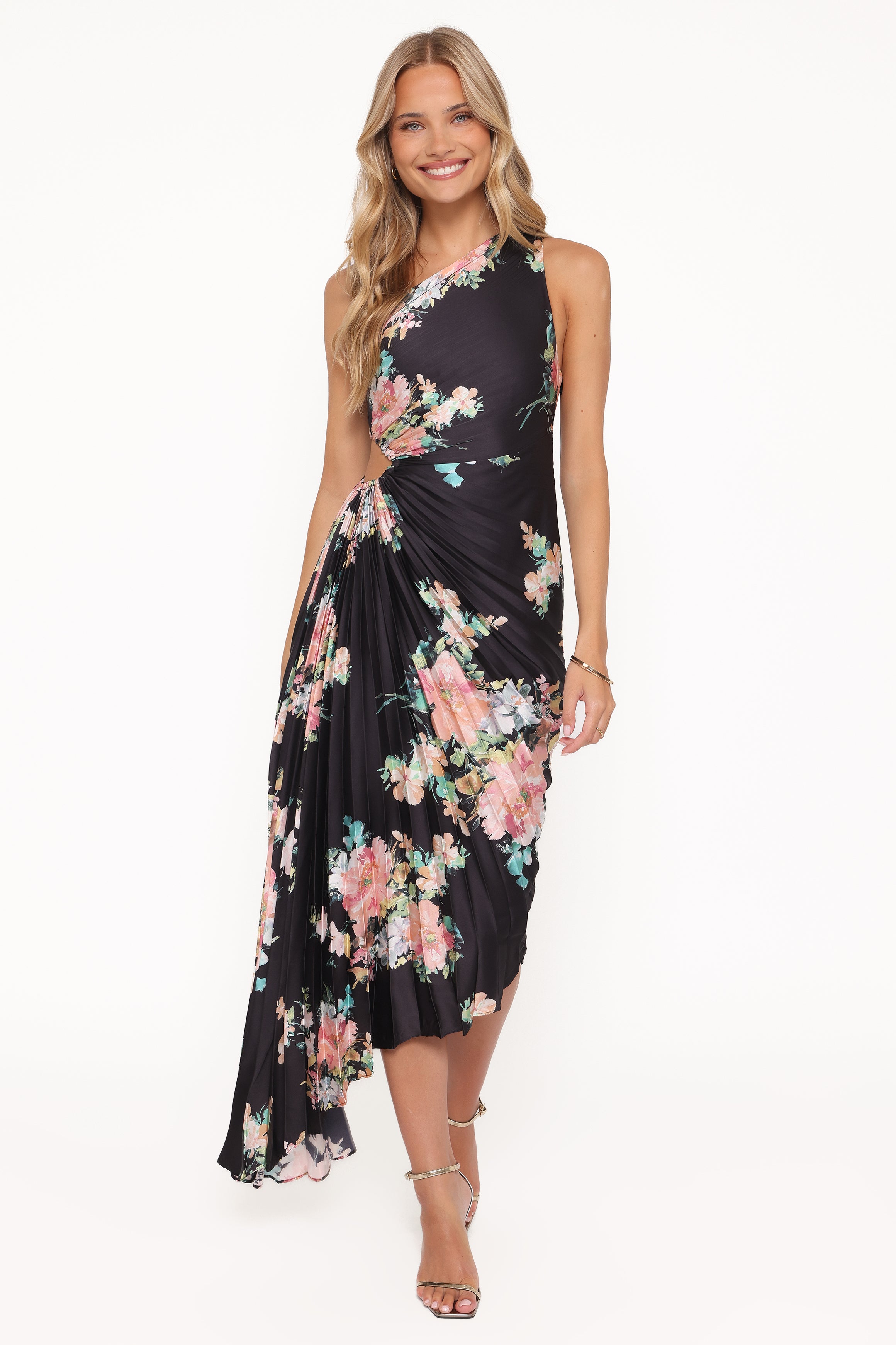 Petal and Pup USA DRESSES Kleo One Shoulder Maxi Dress - Black Floral