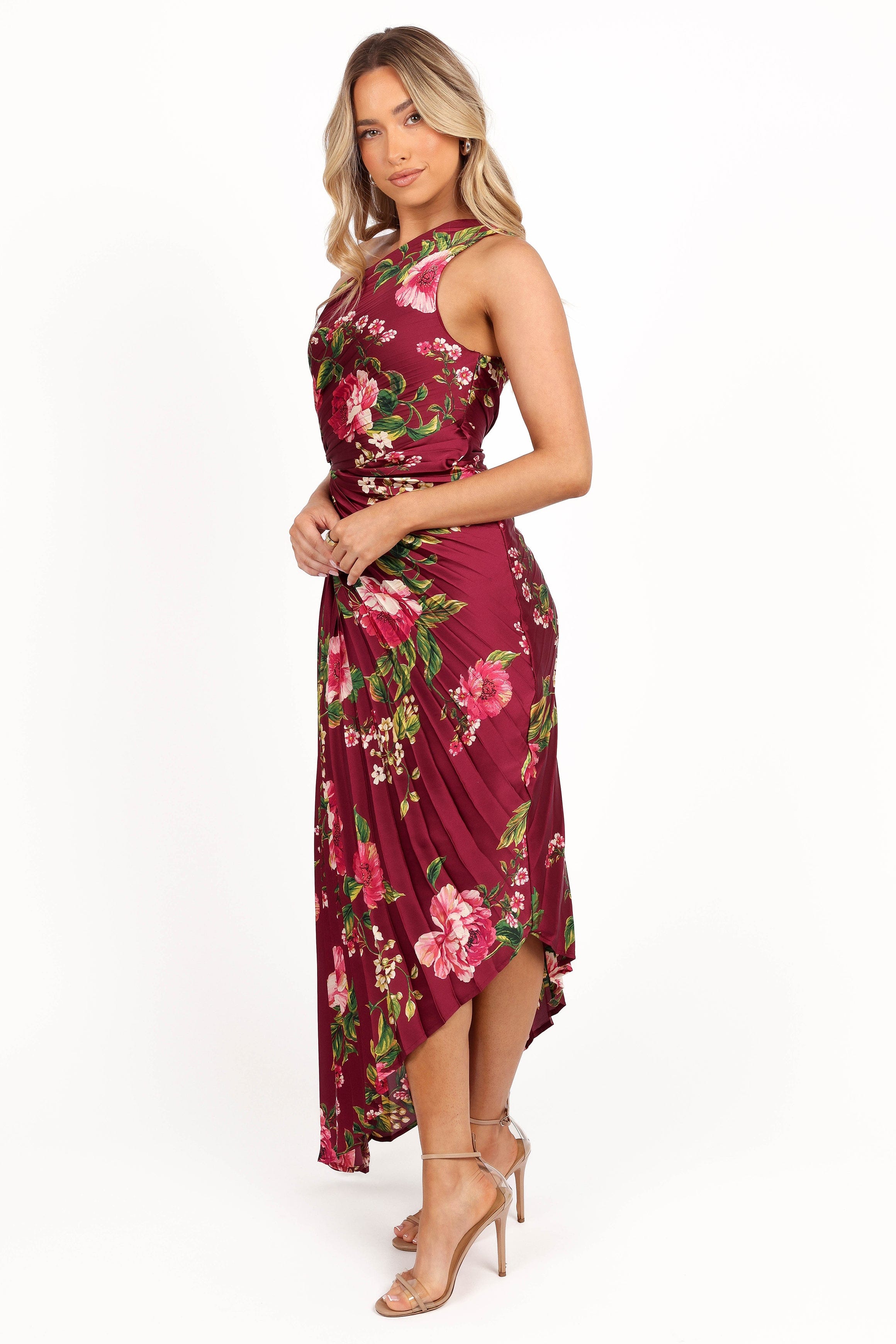 Petal and Pup USA DRESSES Kleo One Shoulder Maxi Dress - Burgundy Floral