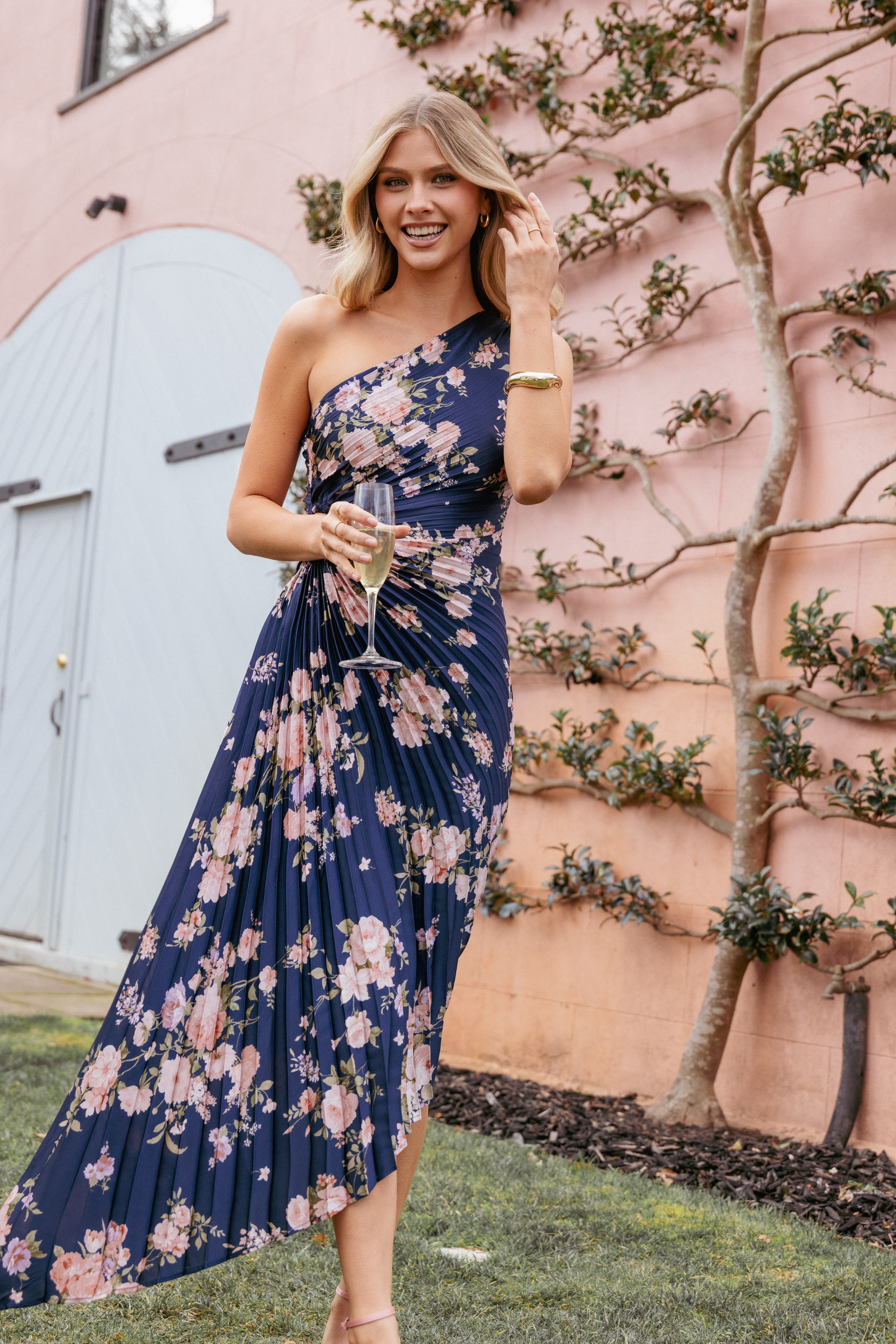 Petal and Pup USA DRESSES Kleo One Shoulder Maxi Dress - Navy Floral