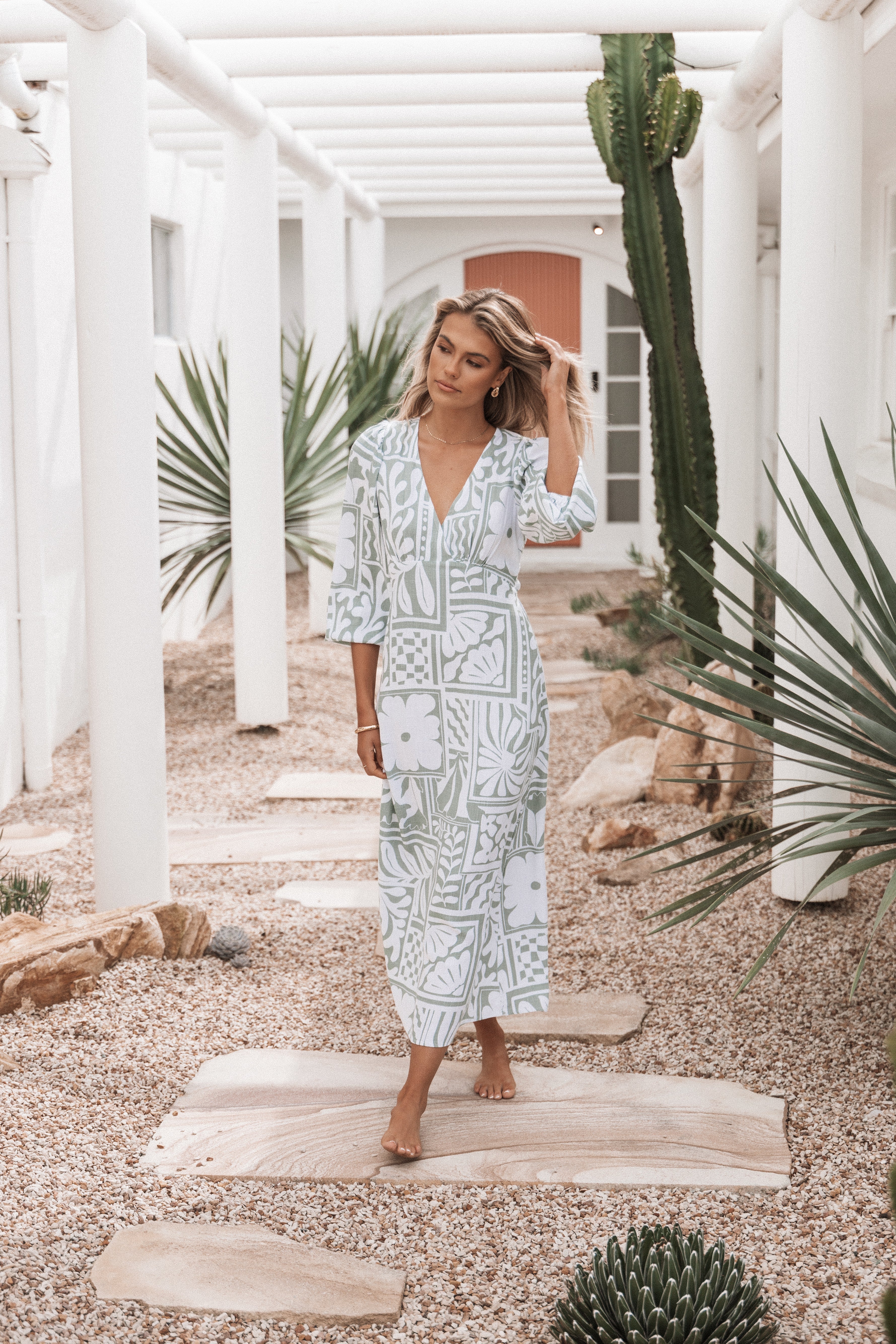 Petal and Pup USA DRESSES Kolby Long Sleeve Midi Dress - Sage Print
