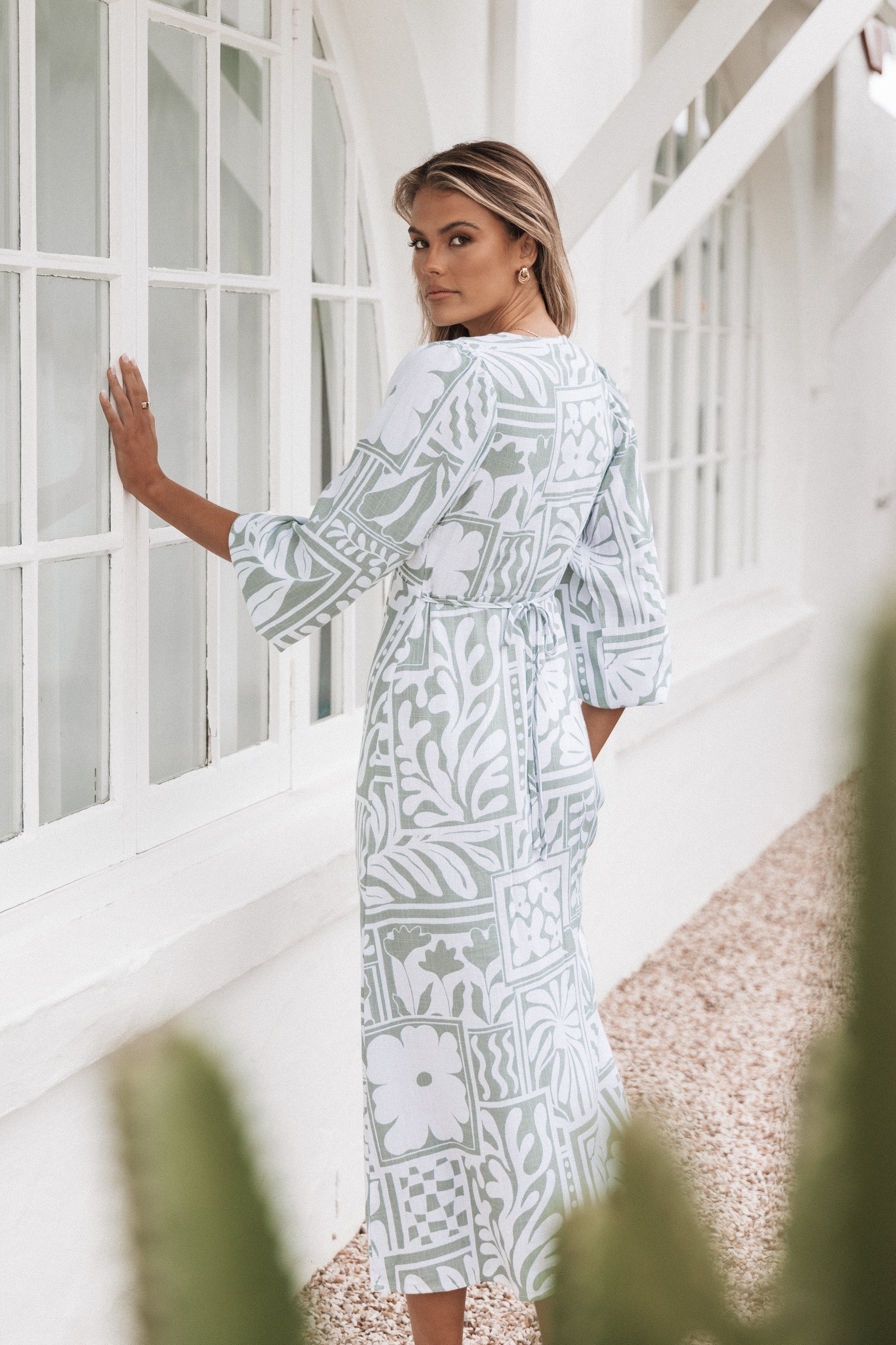 Petal and Pup USA DRESSES Kolby Long Sleeve Midi Dress - Sage Print