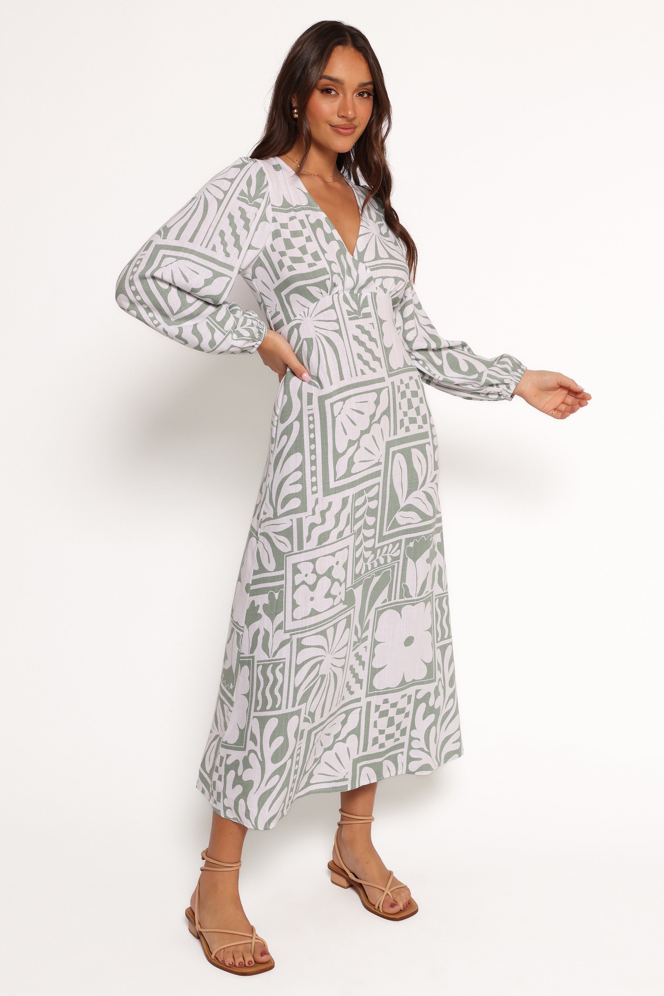 Petal and Pup USA DRESSES Kolby Long Sleeve Midi Dress - Sage Print