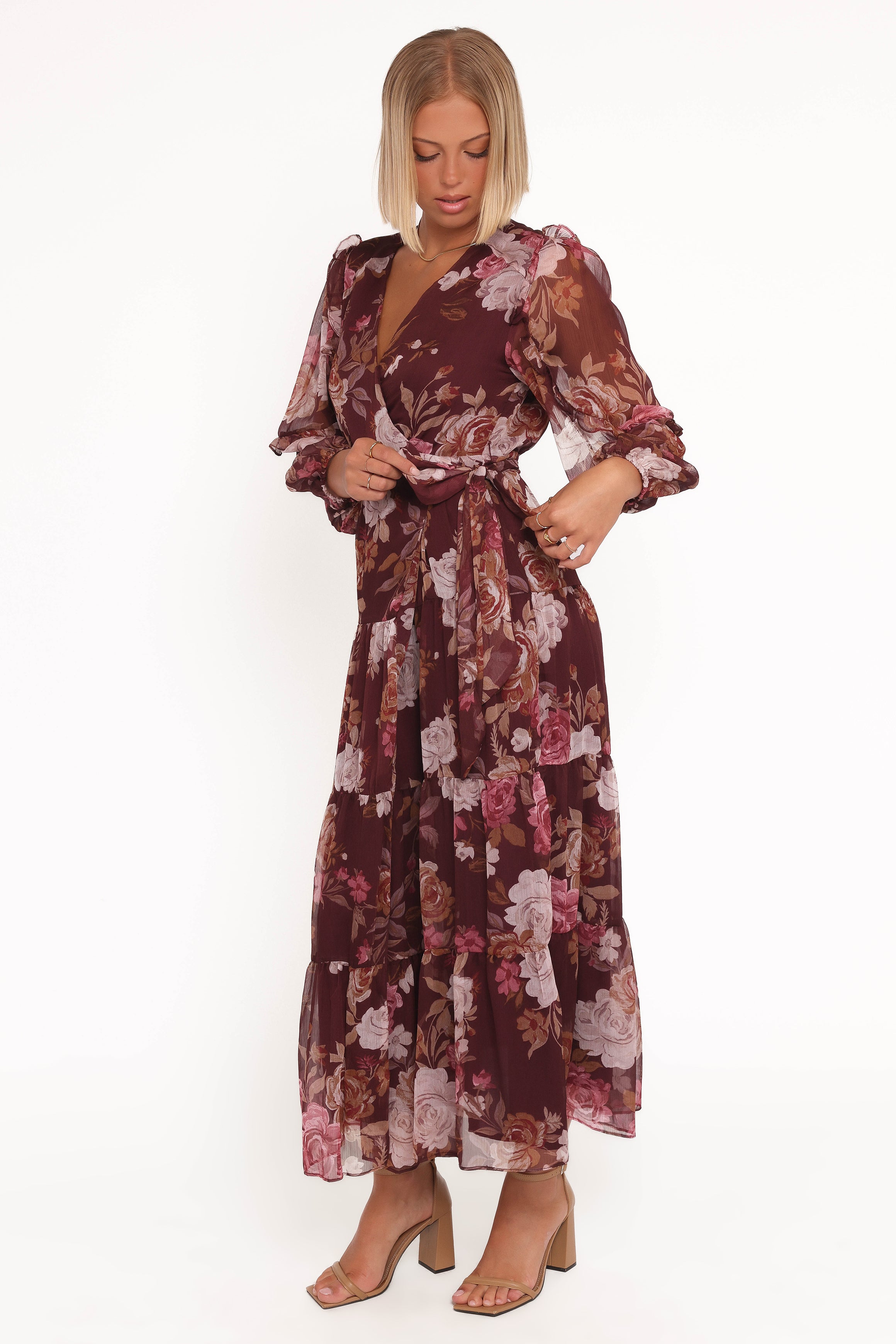 Petal and Pup USA DRESSES Korina Long Sleeve Maxi Dress - Burgundy Brandy Bloom