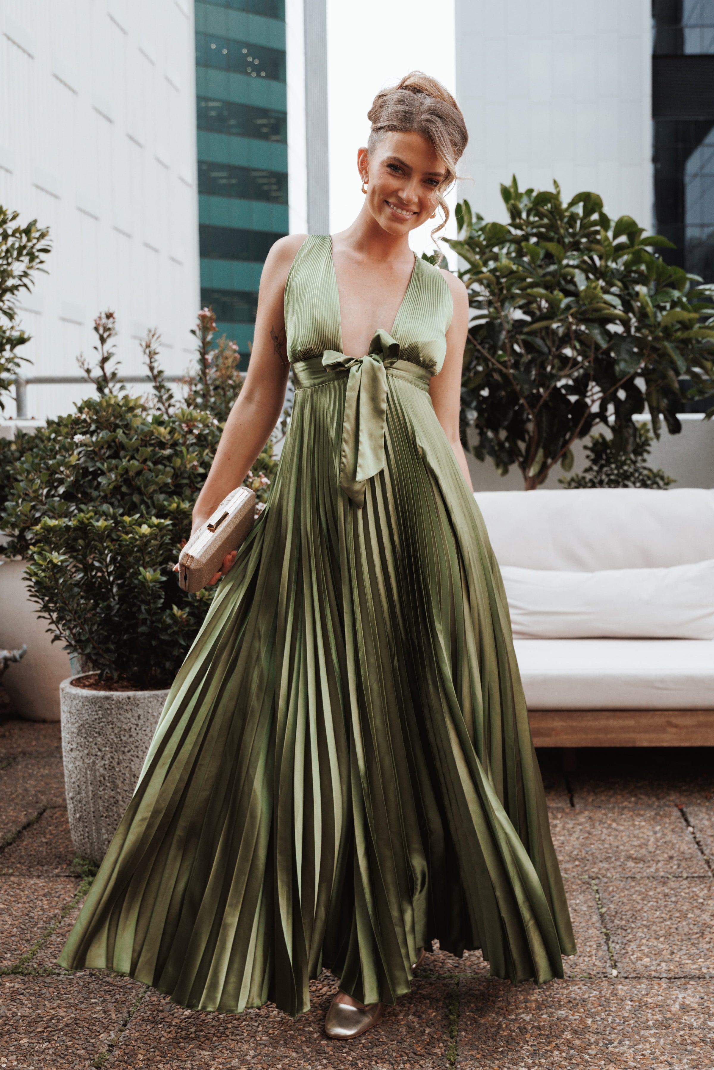 Petal and Pup USA DRESSES Kris Pleated Maxi Dress - Martini Olive