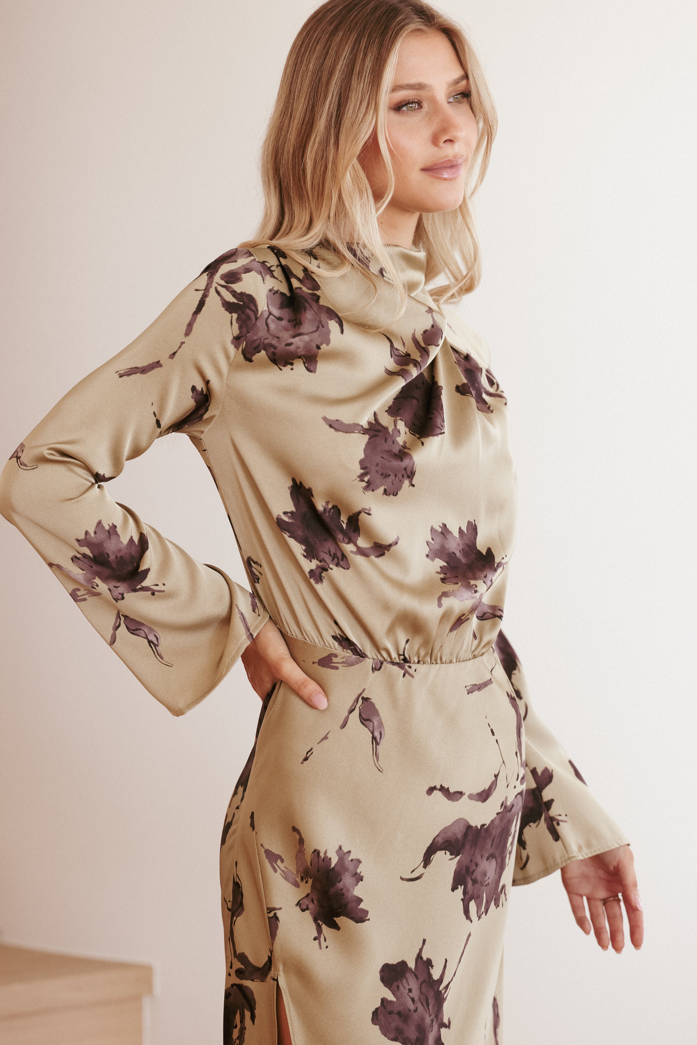 Petal and Pup USA DRESSES Kristyn Long Sleeve Midi Dress - Olive Floral