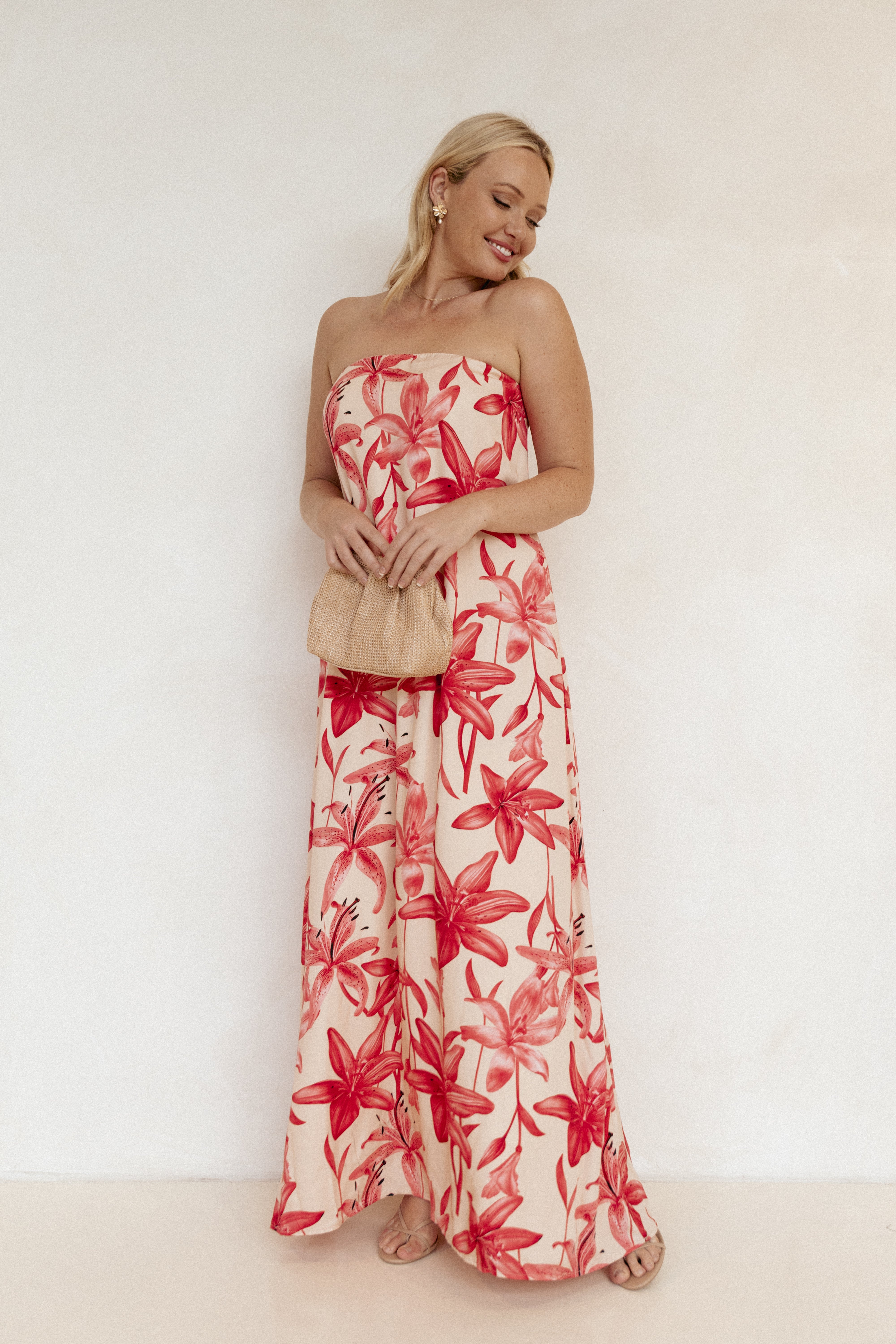 Petal and Pup USA DRESSES Lani A Line Strapless Maxi Dress - Pink Floral