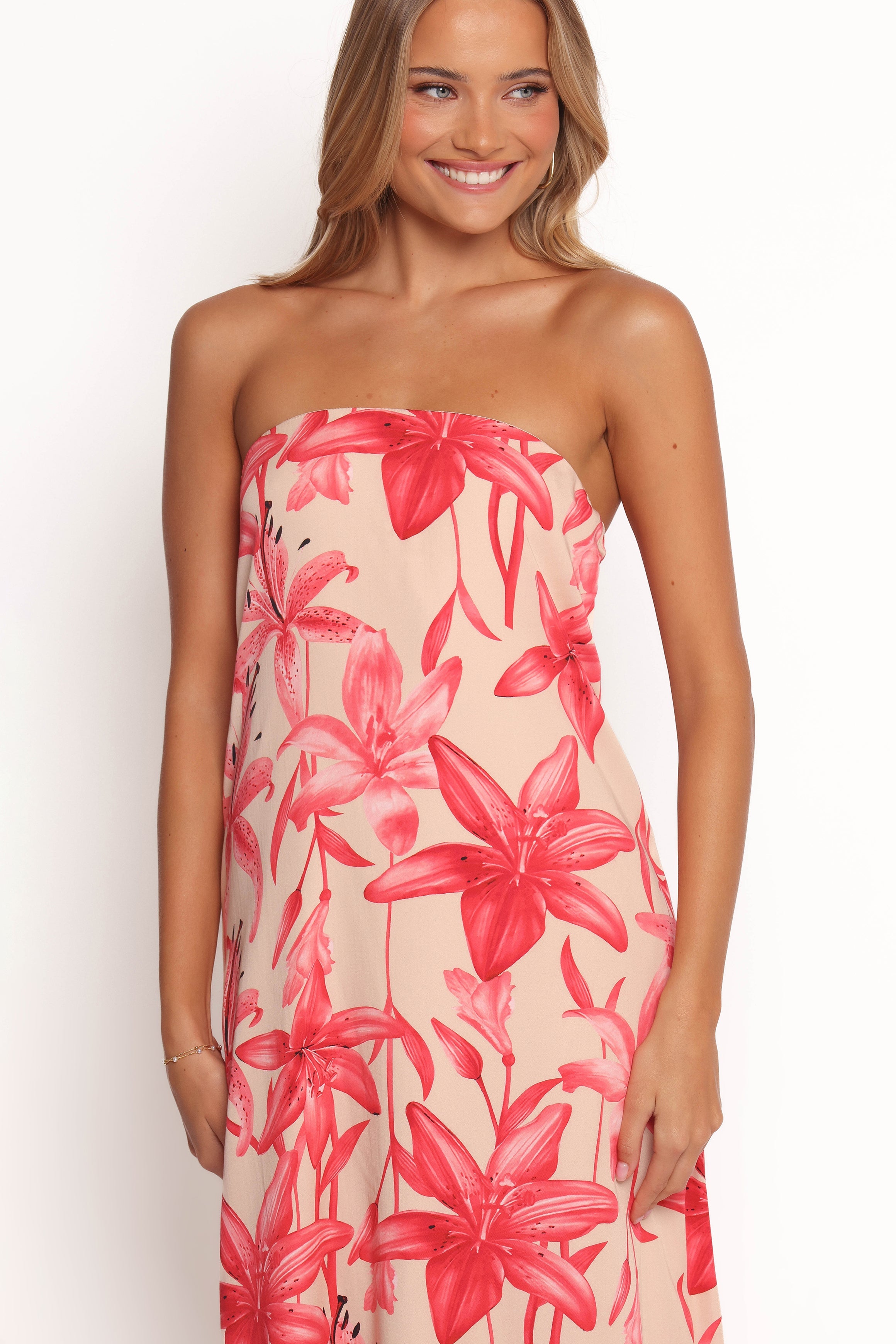 Petal and Pup USA DRESSES Lani A Line Strapless Maxi Dress - Pink Floral