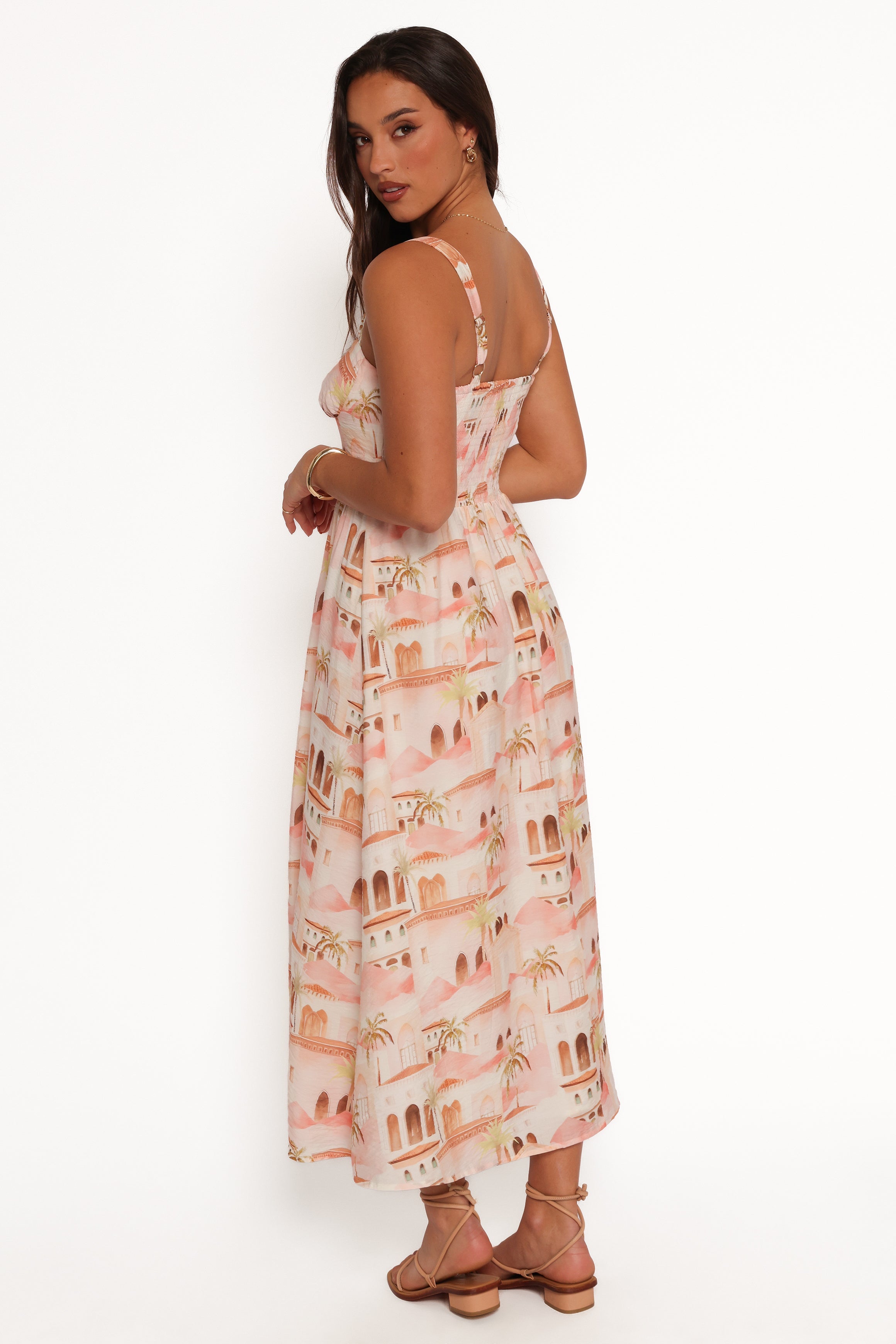 Petal and Pup USA DRESSES Laurette Midi Dress - Tan Print (Hold for Amazon)
