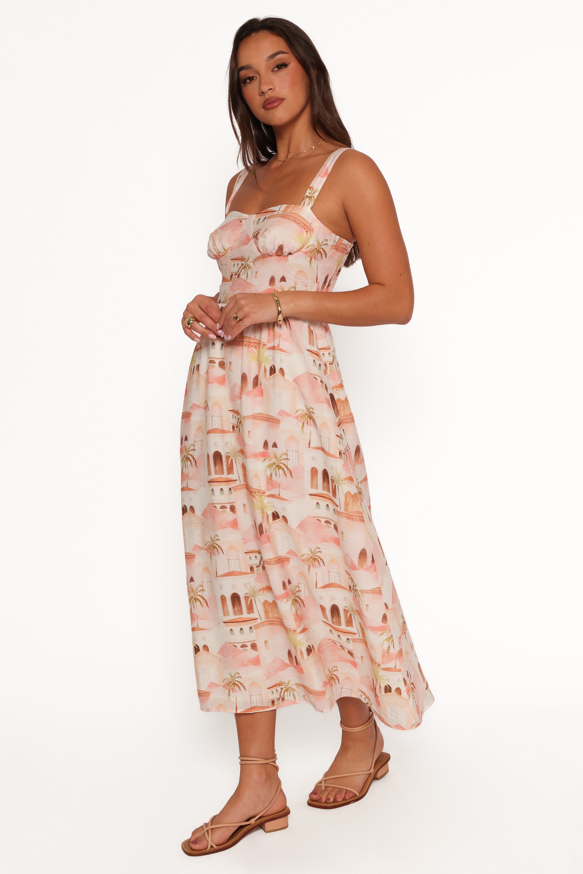 Petal and Pup USA DRESSES Laurette Midi Dress - Tan Print (Hold for Amazon)