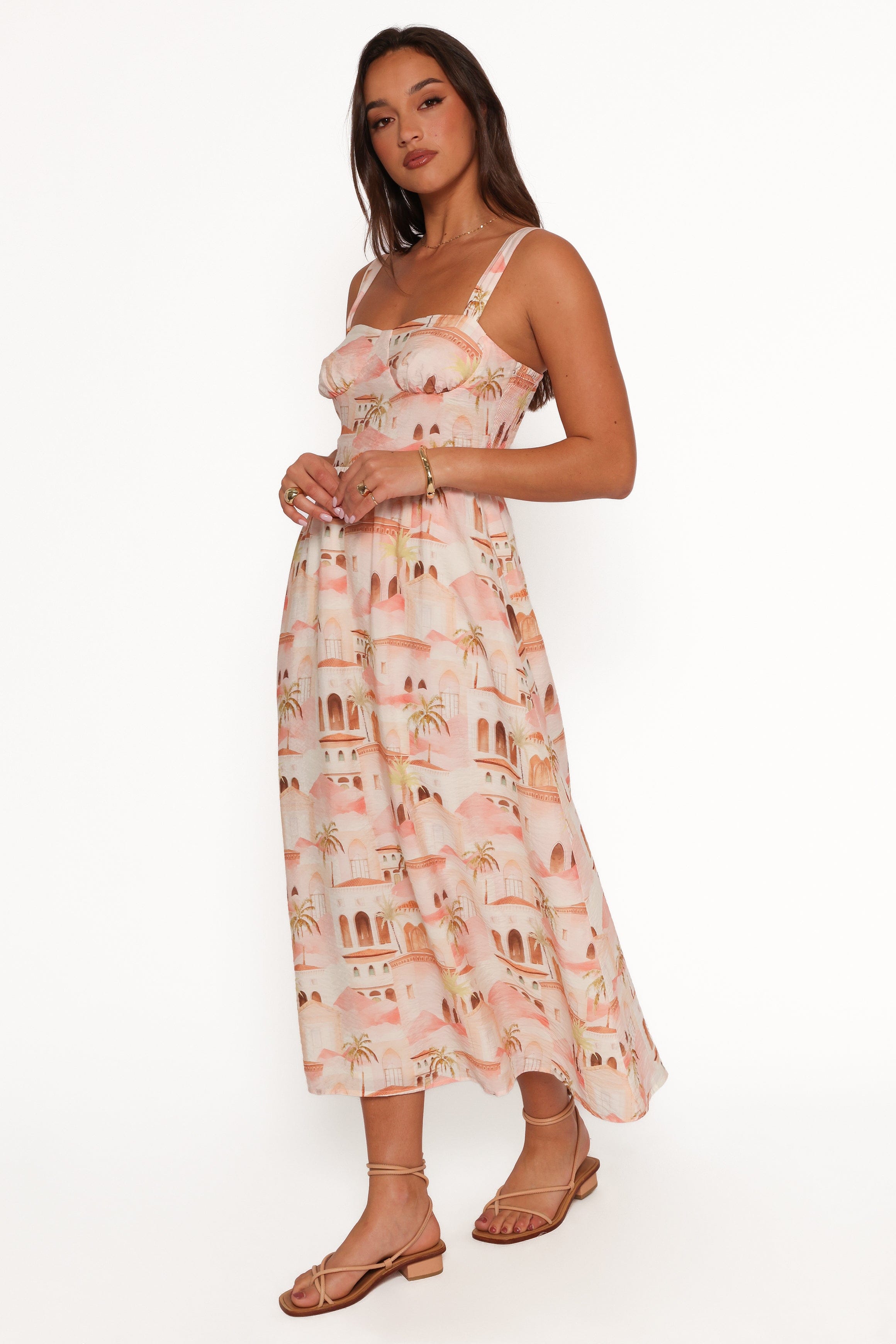 Petal and Pup USA DRESSES Laurette Midi Dress - Tan Print (Hold for Amazon)