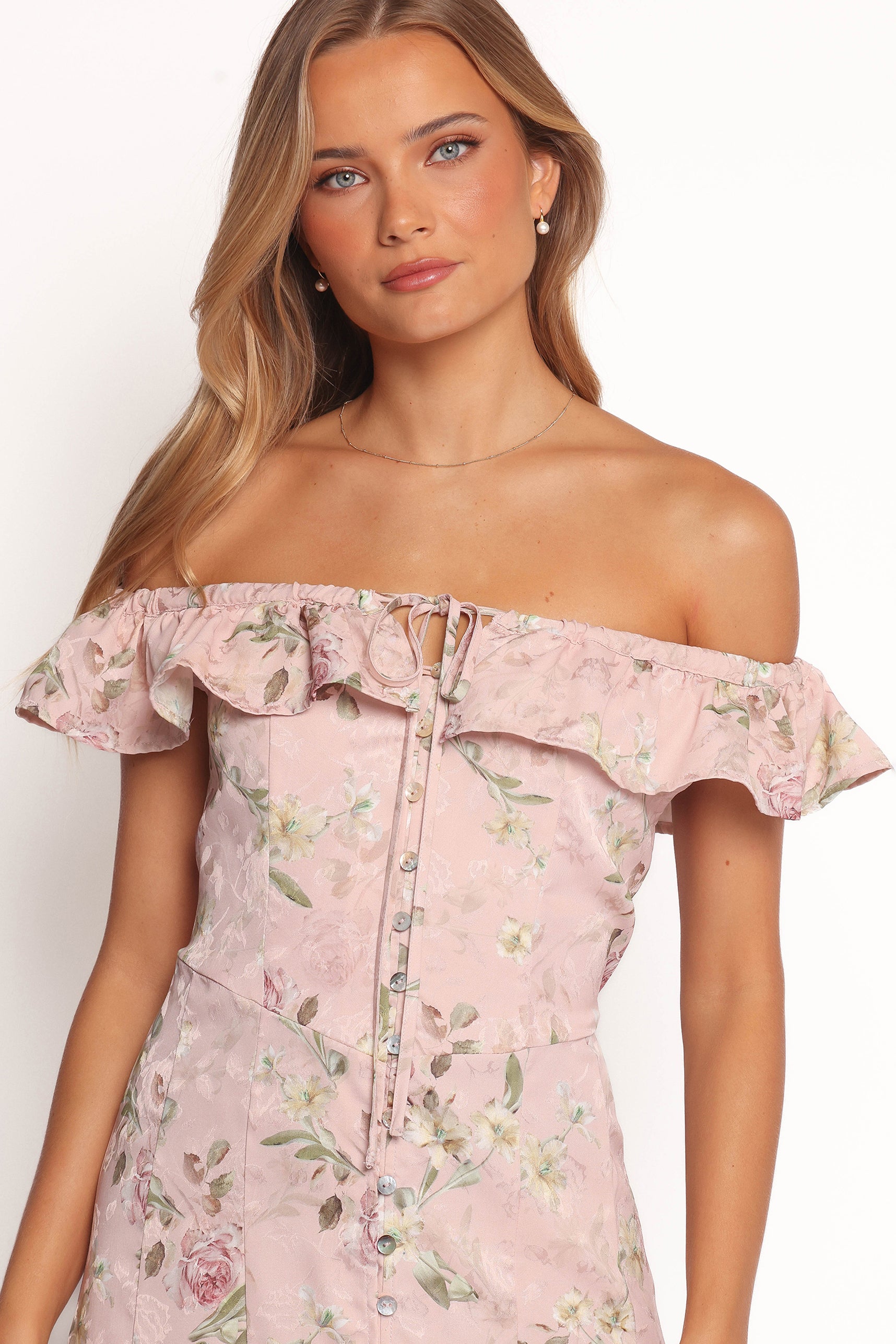 Petal and Pup USA DRESSES Lauryn Off The Shoulder Midi Dress - Blush Rose