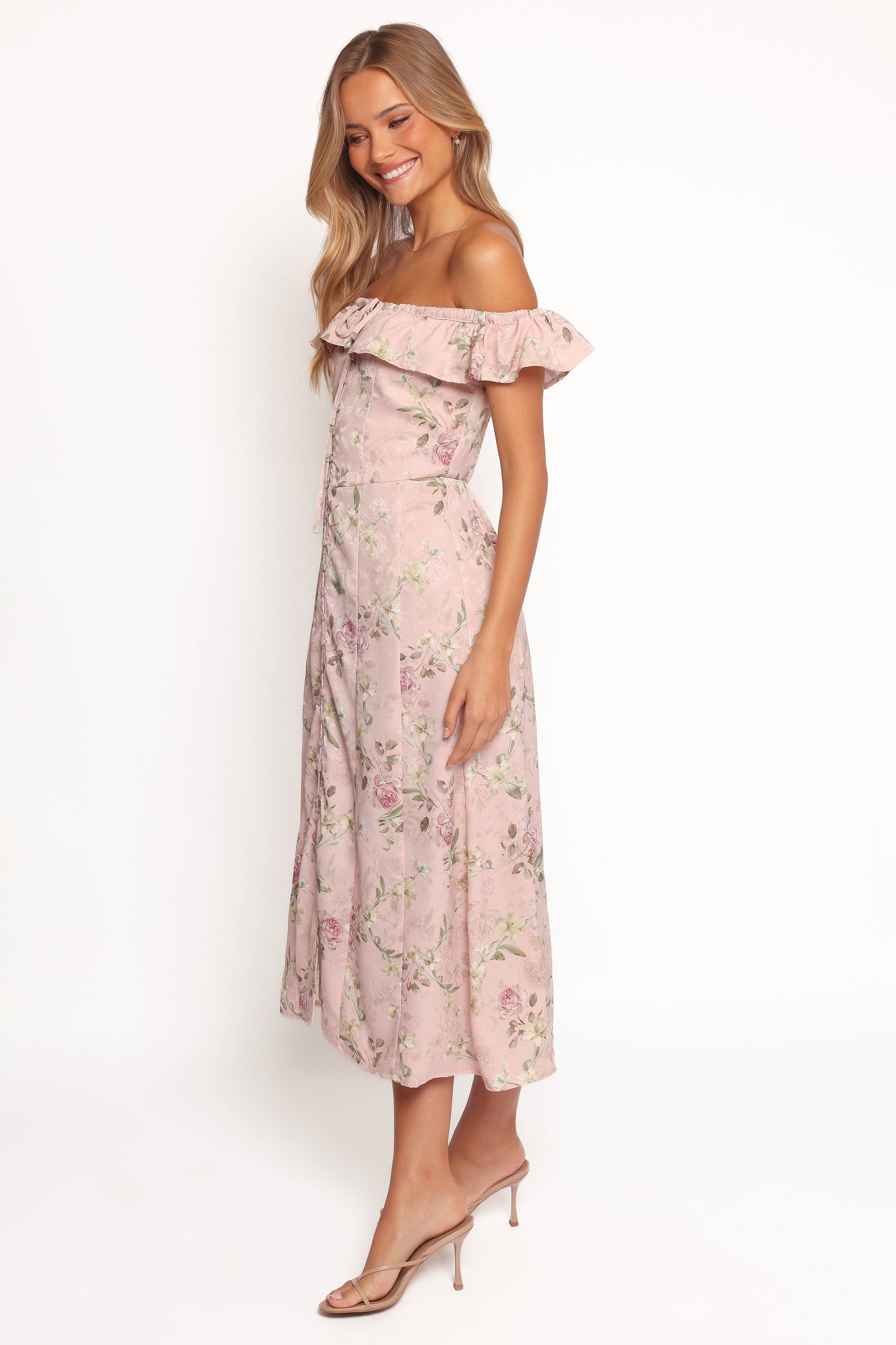 Petal and Pup USA DRESSES Lauryn Off The Shoulder Midi Dress - Blush Rose