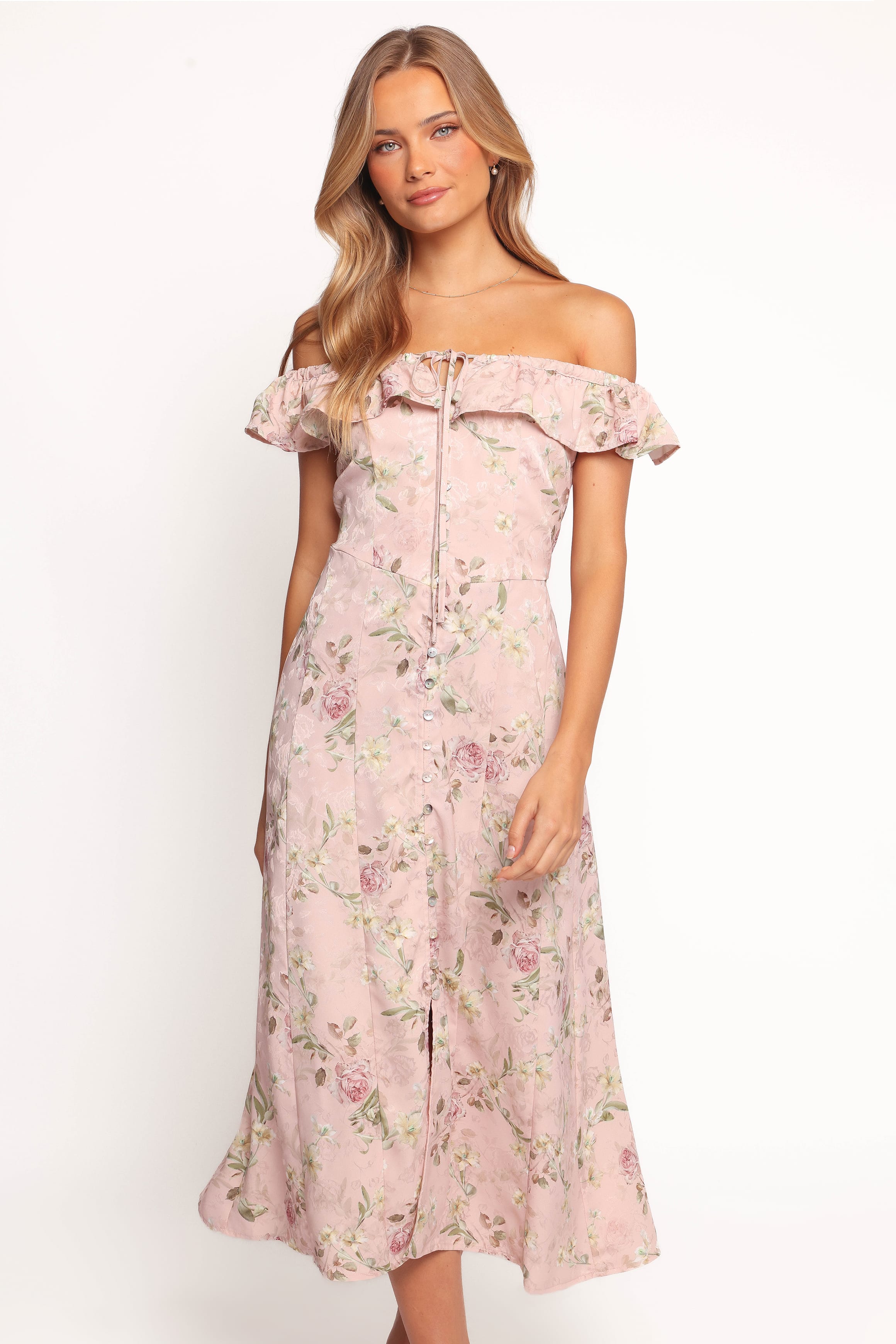Petal and Pup USA DRESSES Lauryn Off The Shoulder Midi Dress - Blush Rose