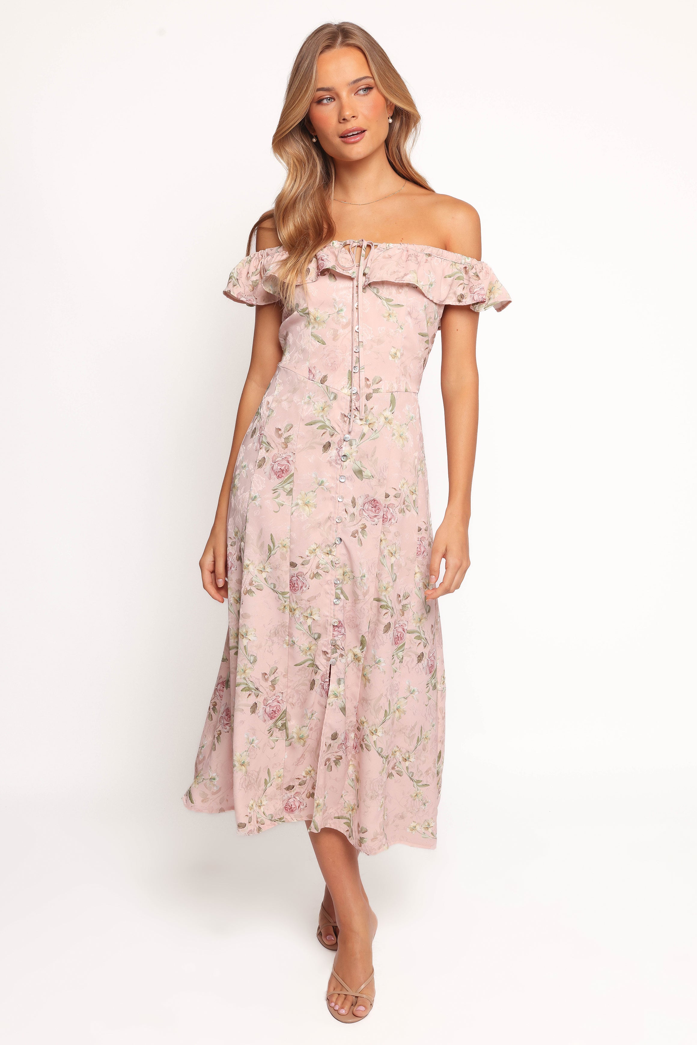 Petal and Pup USA DRESSES Lauryn Off The Shoulder Midi Dress - Blush Rose