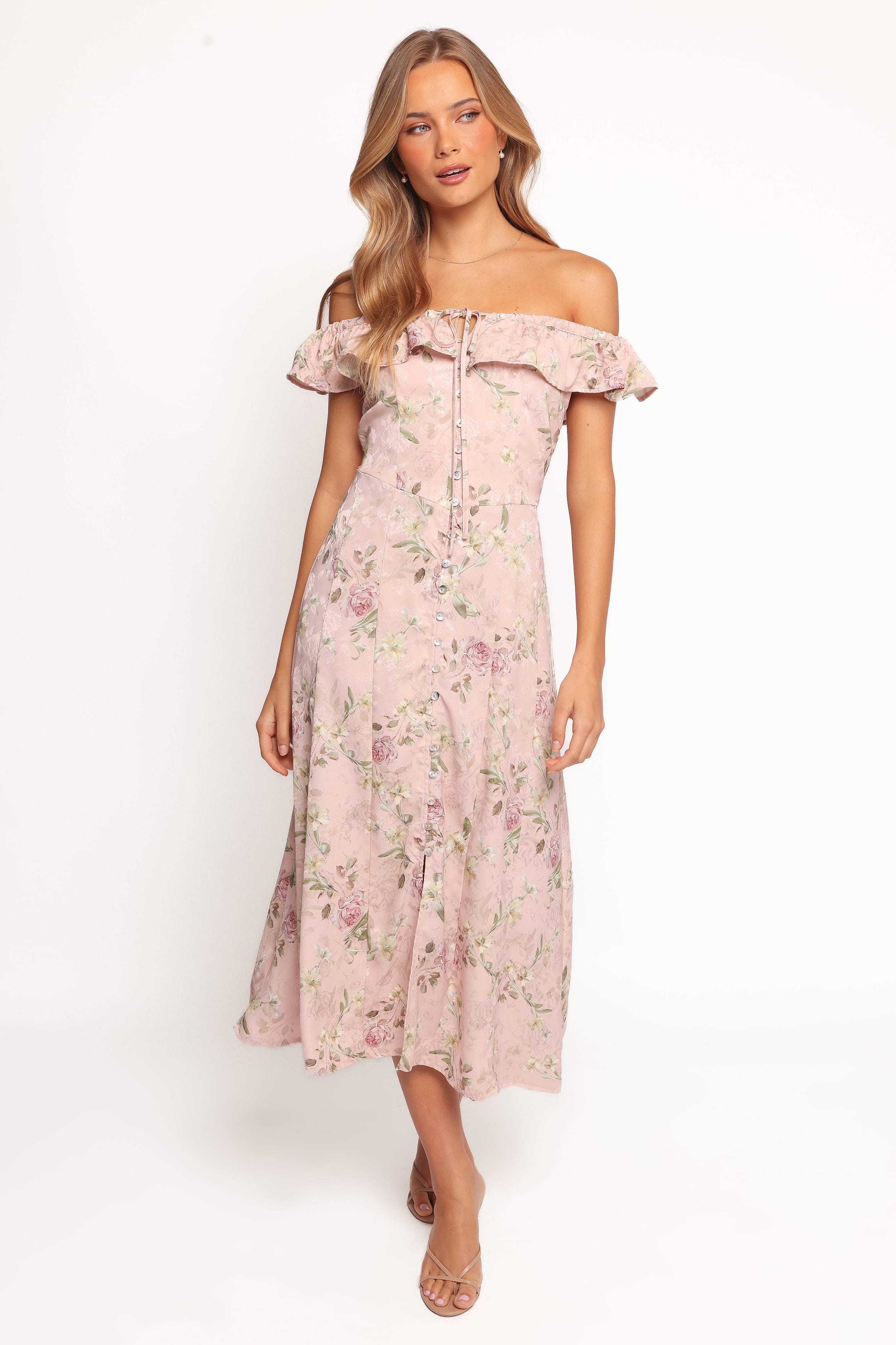Petal and Pup USA DRESSES Lauryn Off The Shoulder Midi Dress - Blush Rose