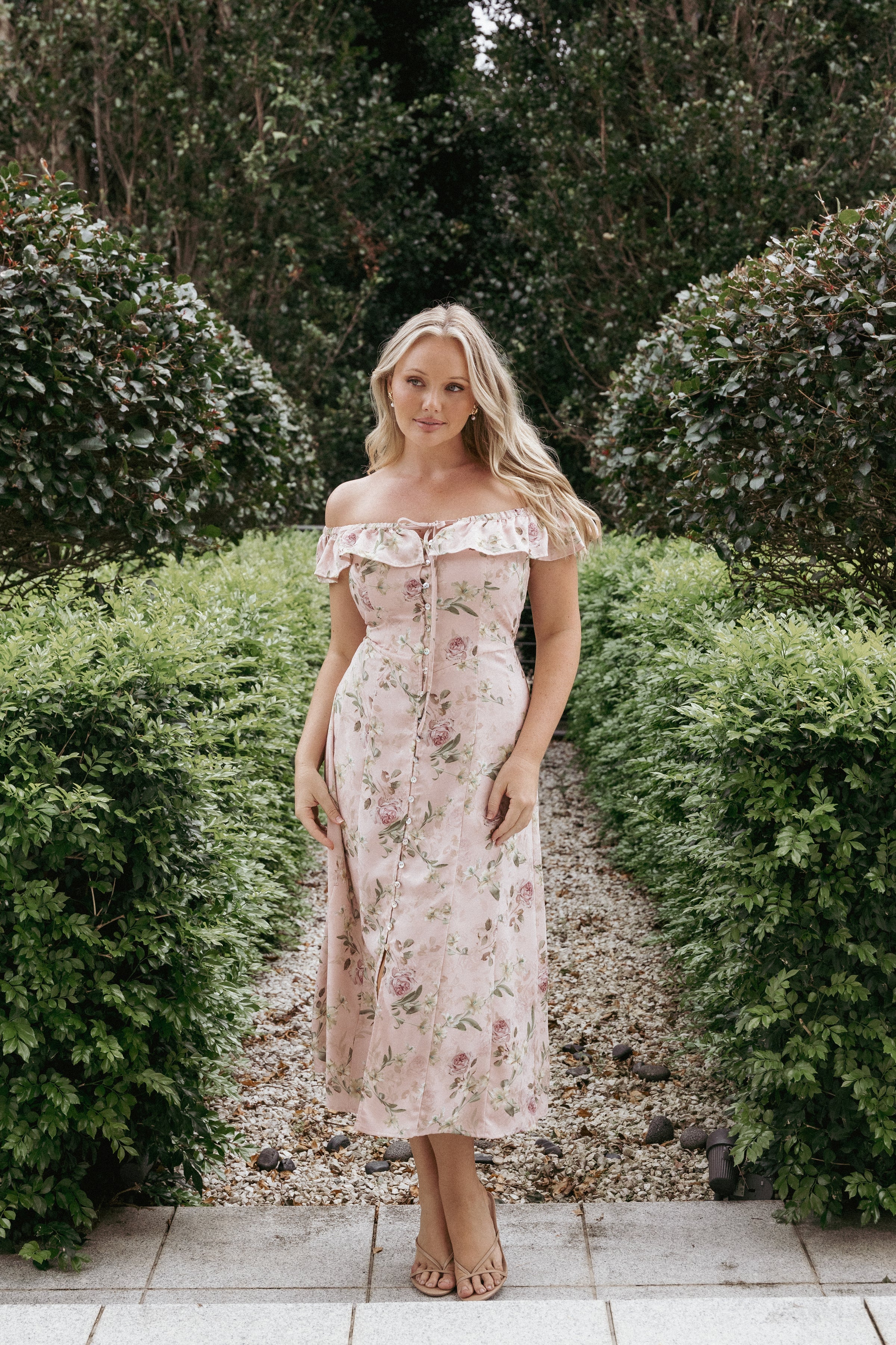 Petal and Pup USA DRESSES Lauryn Off The Shoulder Midi Dress - Blush Rose
