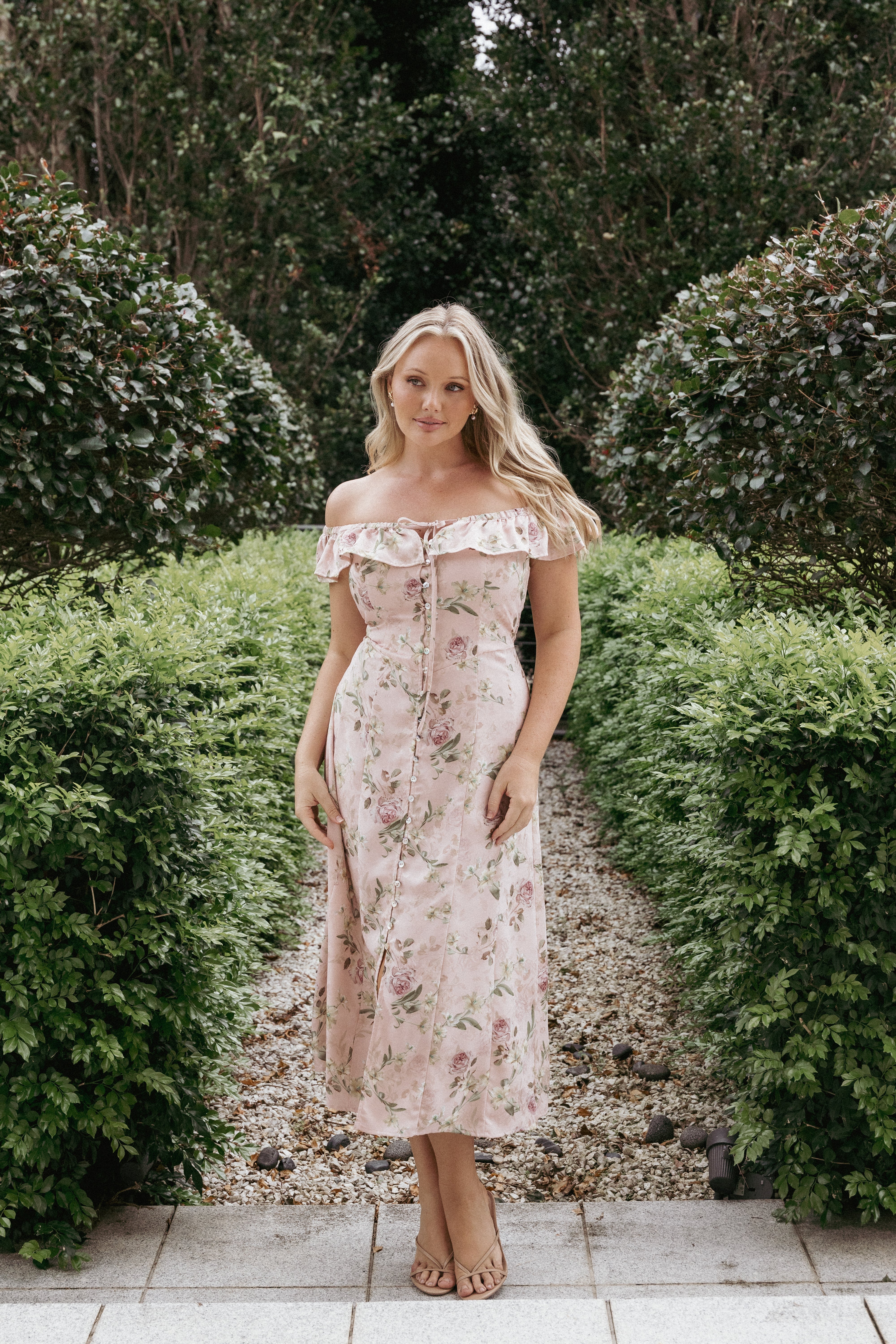Petal and Pup USA DRESSES Lauryn Off The Shoulder Midi Dress - Blush Rose