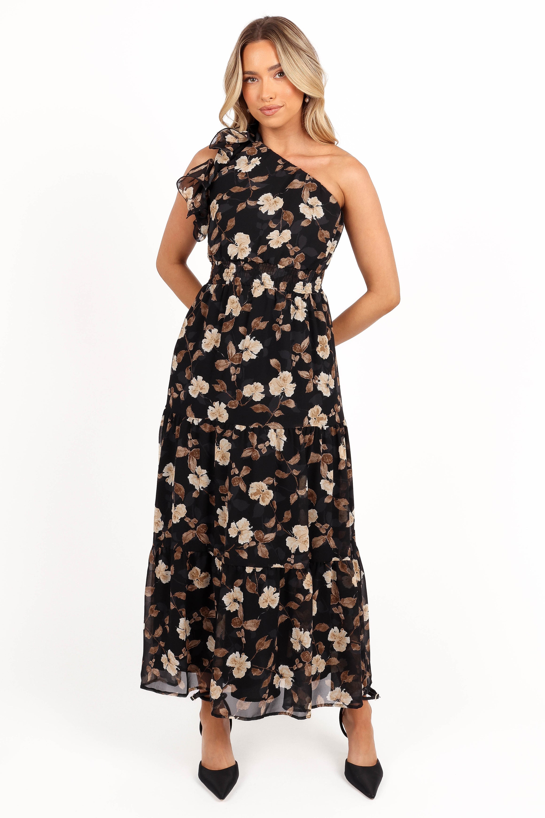 Petal and Pup USA DRESSES Layley One Shoulder Maxi Dress - Black Floral