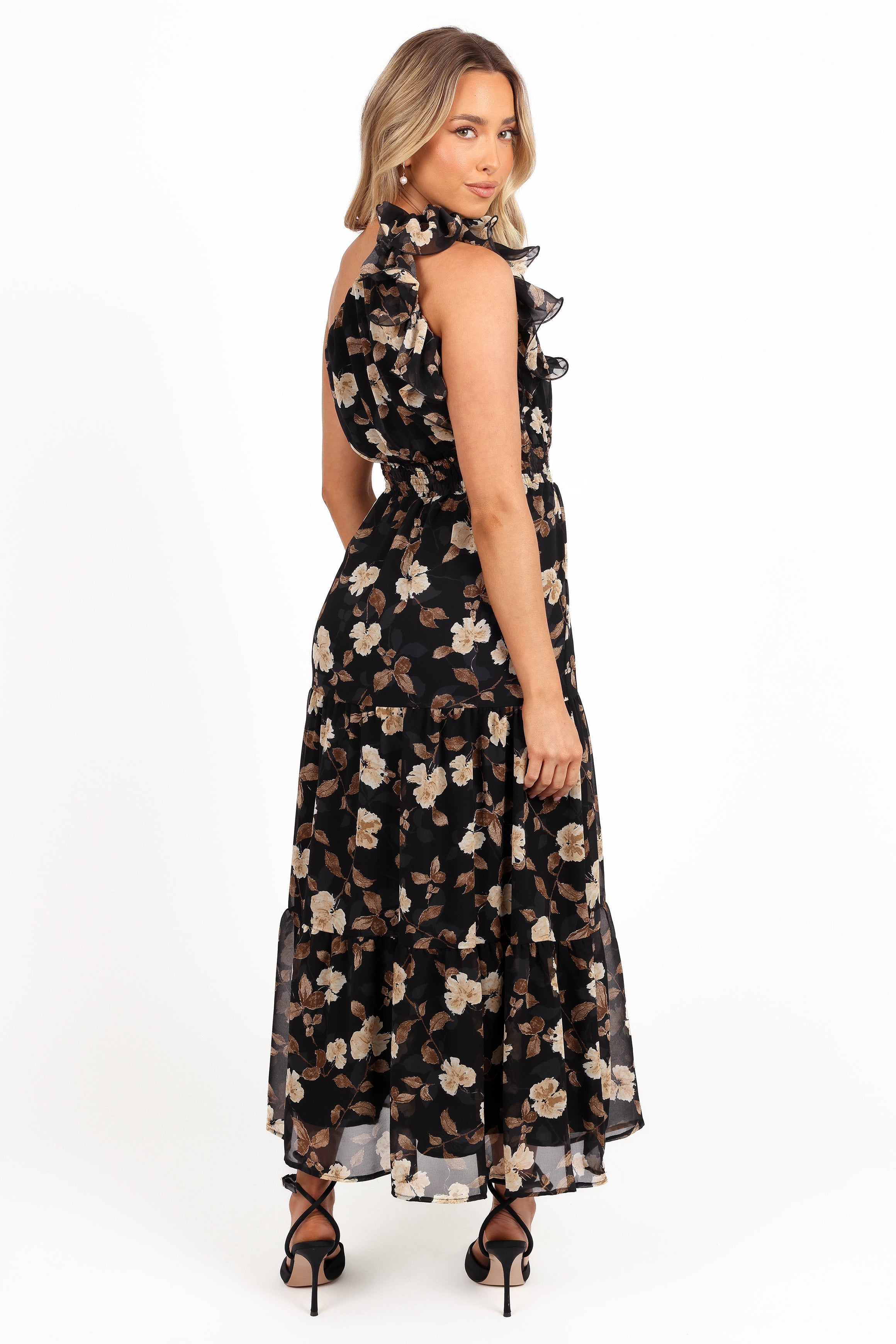 Petal and Pup USA DRESSES Layley One Shoulder Maxi Dress - Black Floral