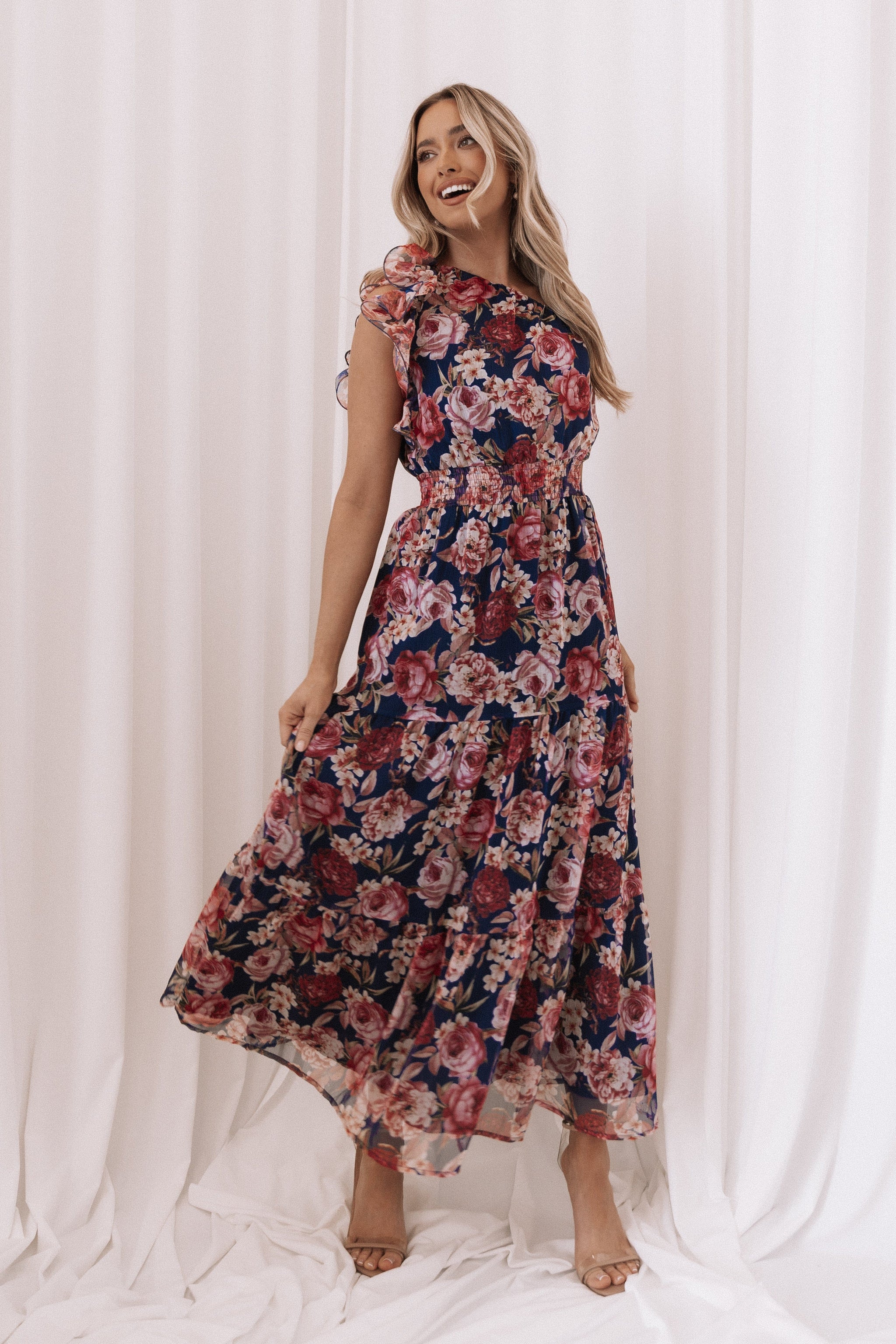 something navy floral one shoulder dress Navy Floral One Shoulder Charmeuse Gown With Slit