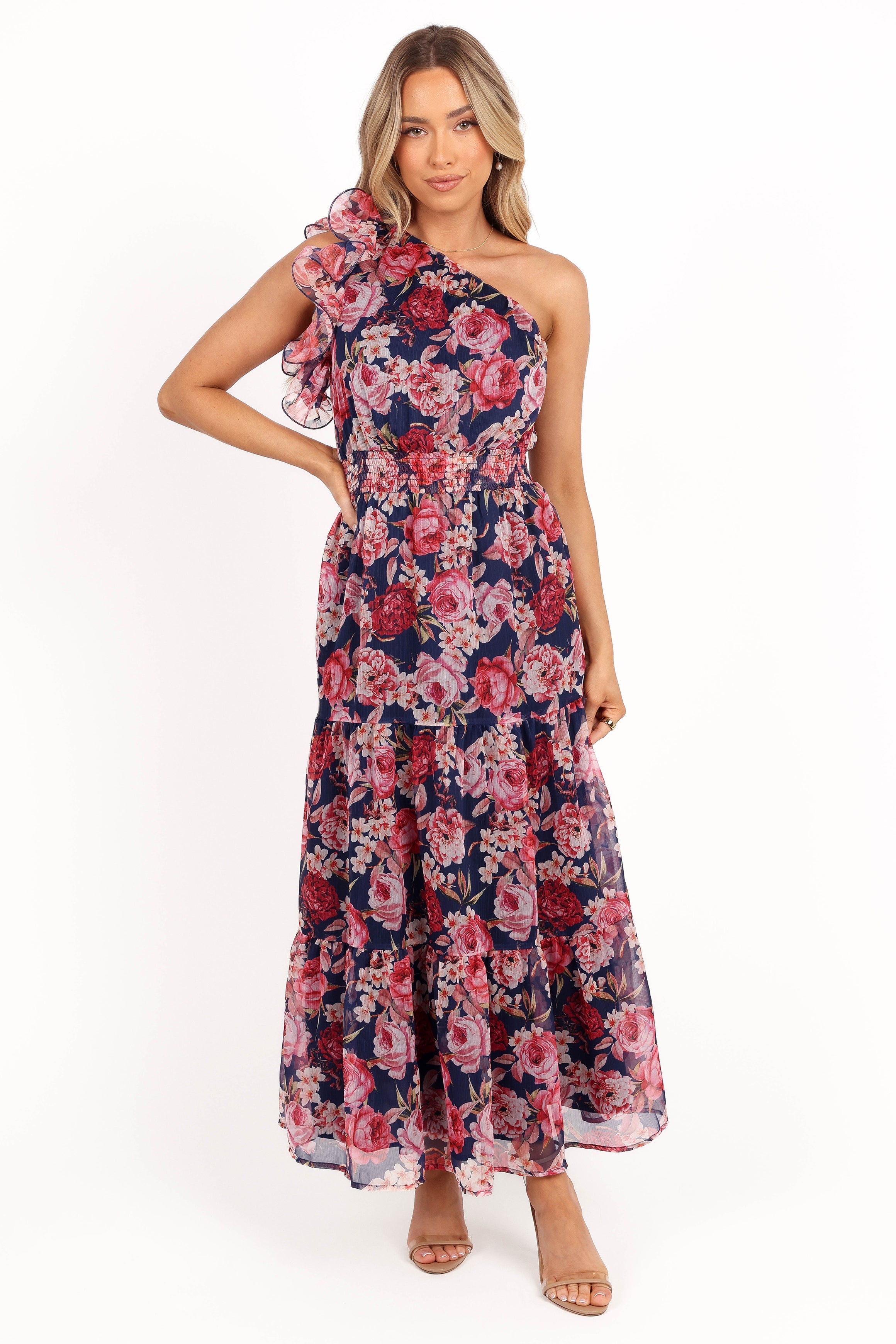 Petal and Pup USA DRESSES Layley One Shoulder Maxi Dress - Navy Floral