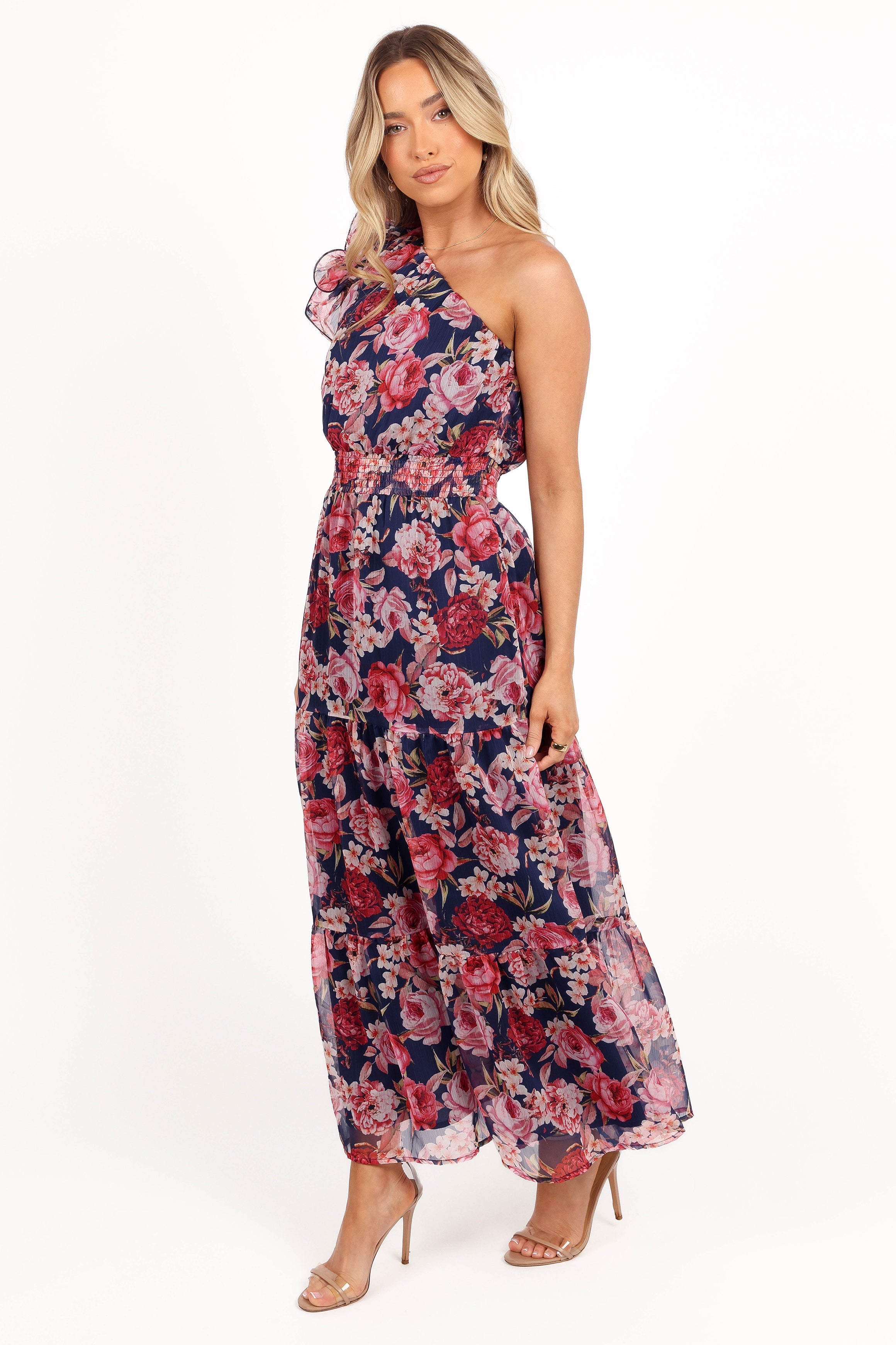 Petal and Pup USA DRESSES Layley One Shoulder Maxi Dress - Navy Floral