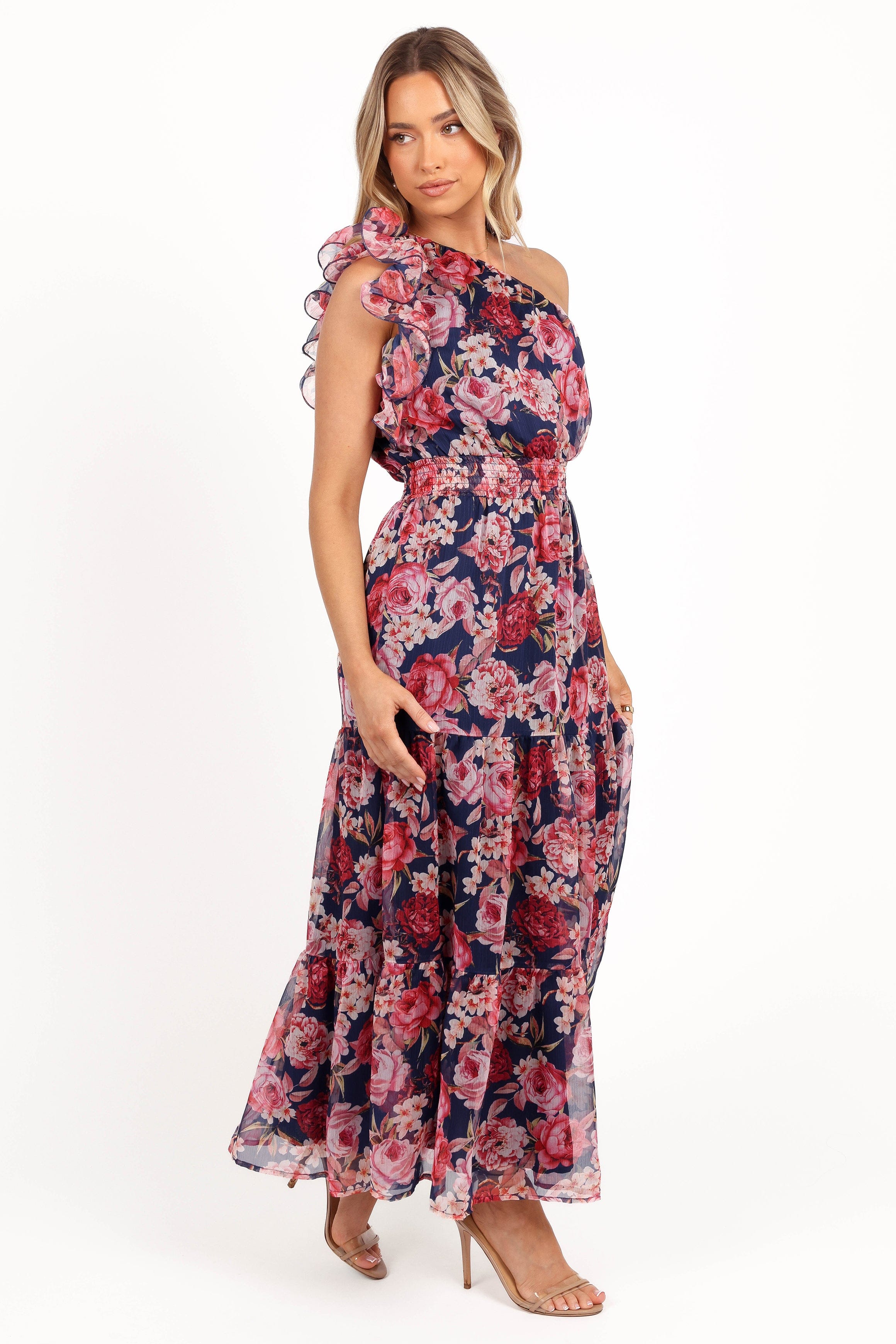 Petal and Pup USA DRESSES Layley One Shoulder Maxi Dress - Navy Floral