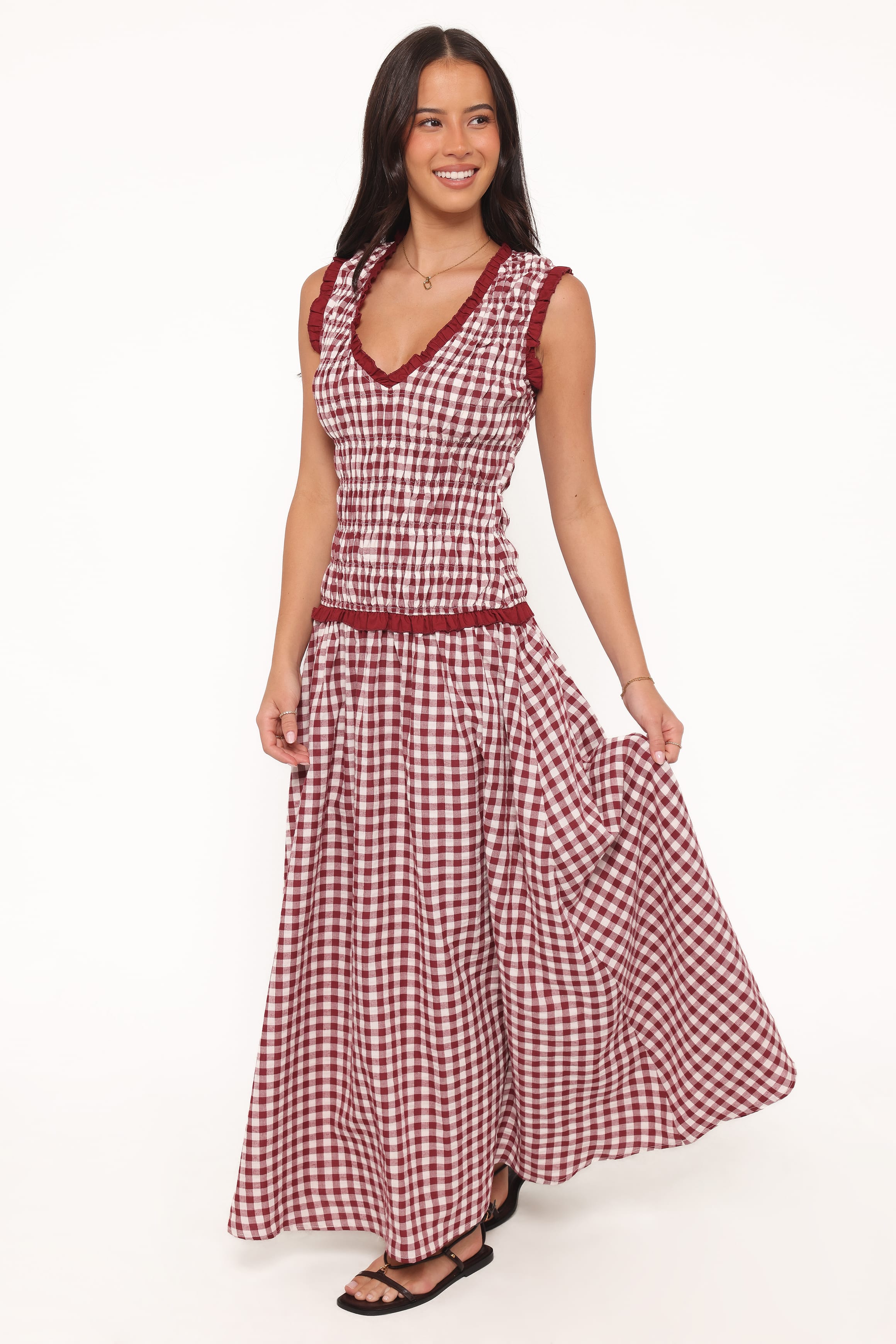 Petal and Pup USA DRESSES Leabrook Maxi Dress - Burgundy Gingham