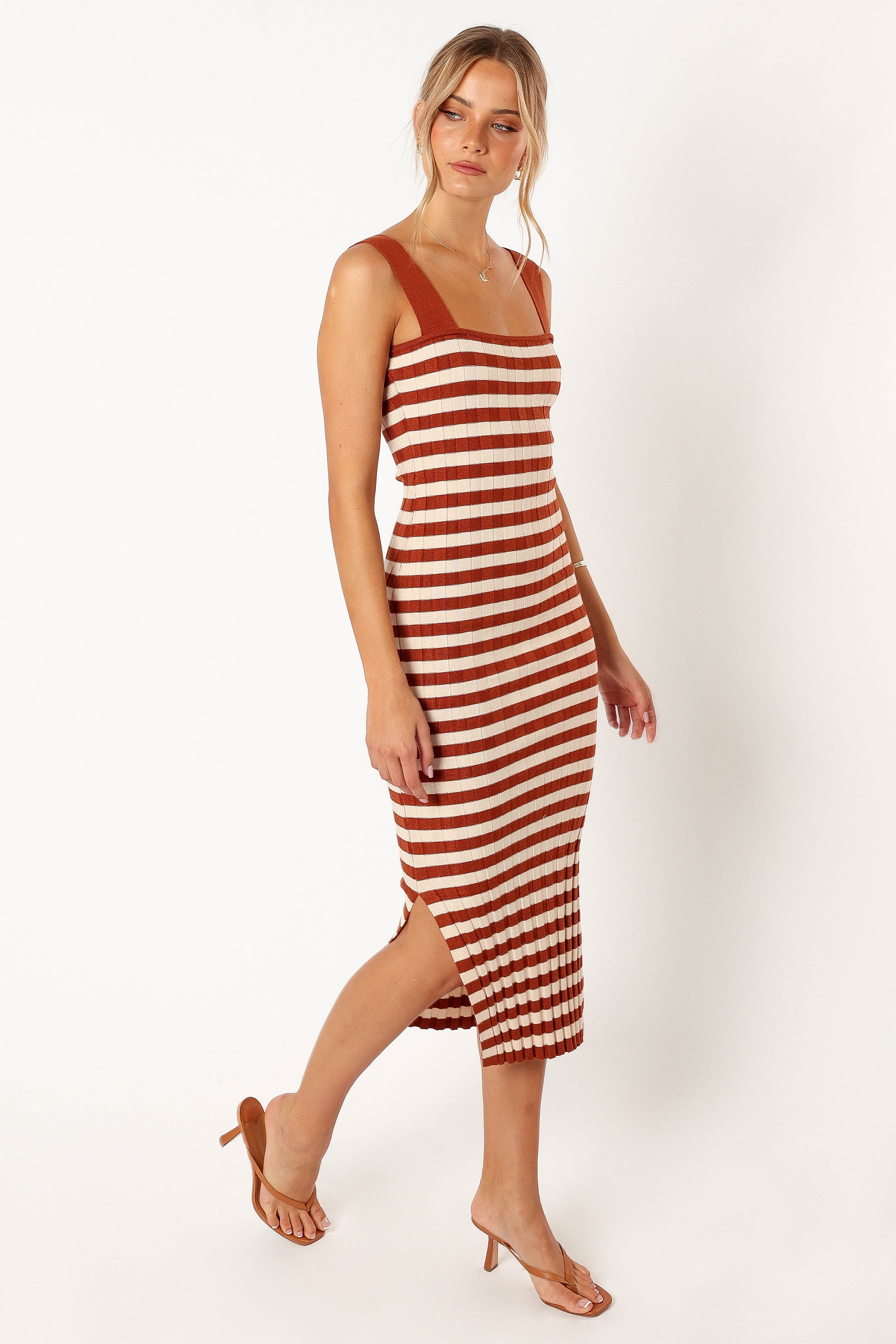 Petal and Pup USA DRESSES Ledger Midi Dress - Tan Stripe