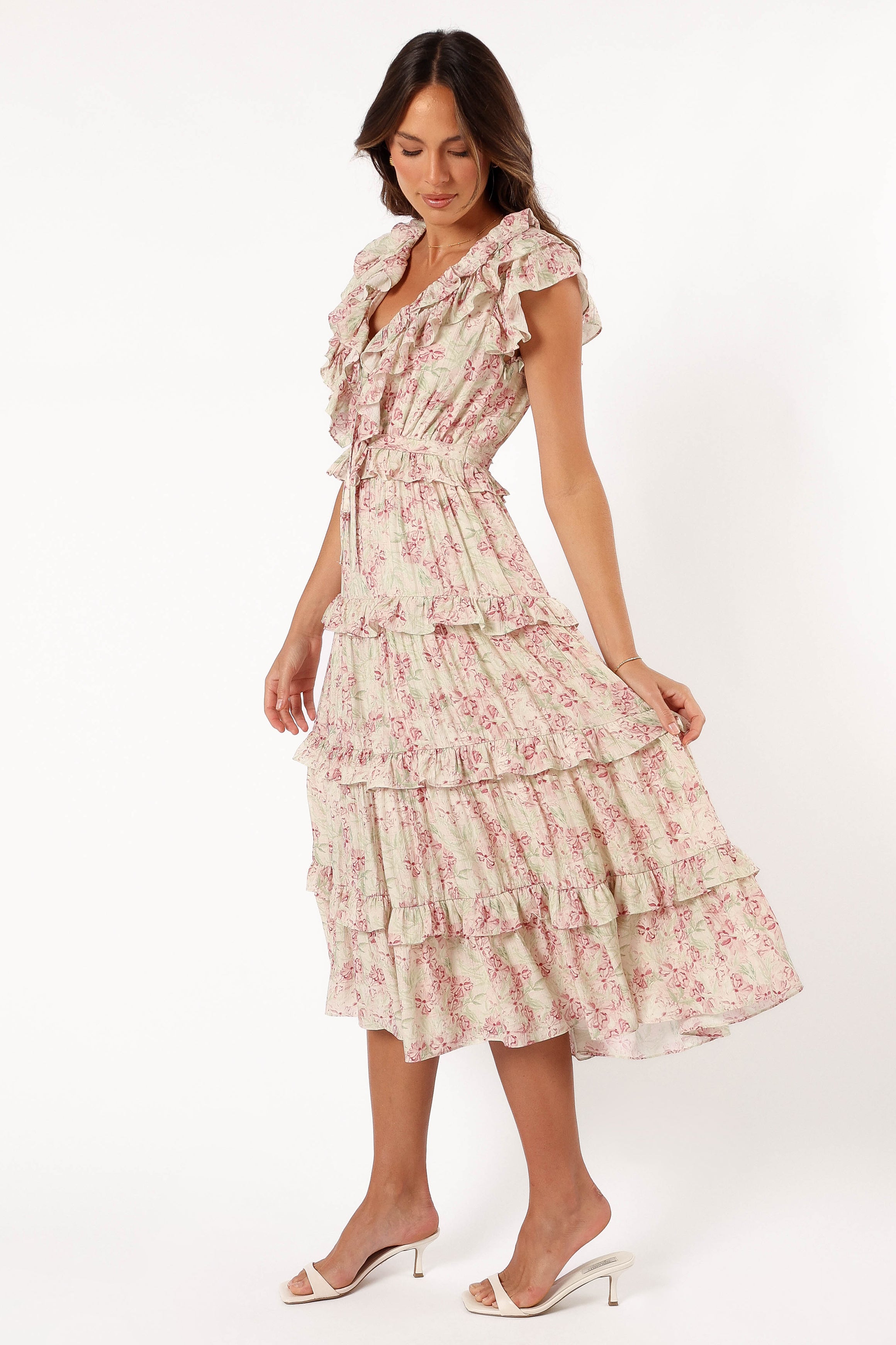 Petal and Pup USA DRESSES Levelle Midi Ruffle Dress - Ivory/Red Green Floral