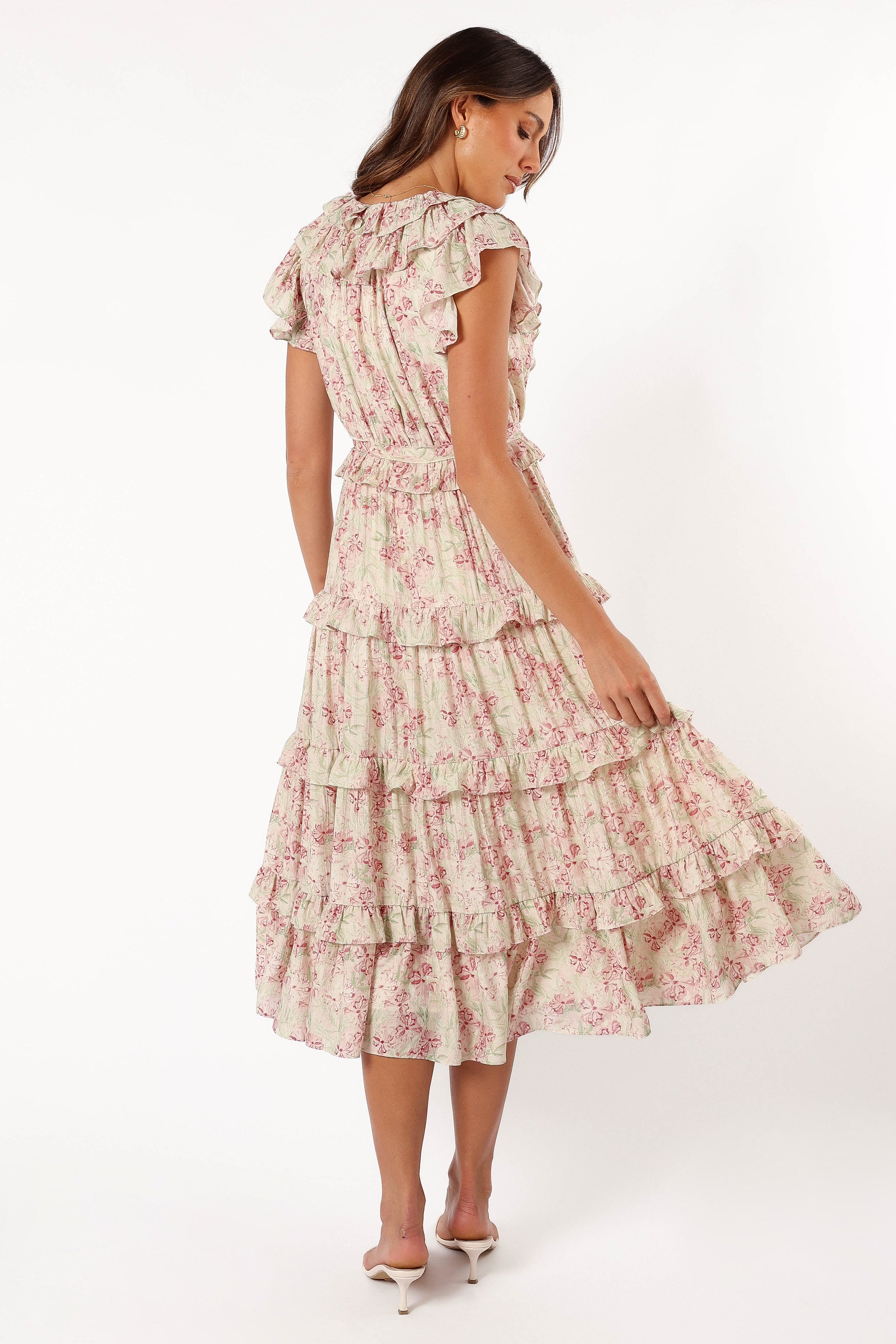 Petal and Pup USA DRESSES Levelle Midi Ruffle Dress - Ivory/Red Green Floral