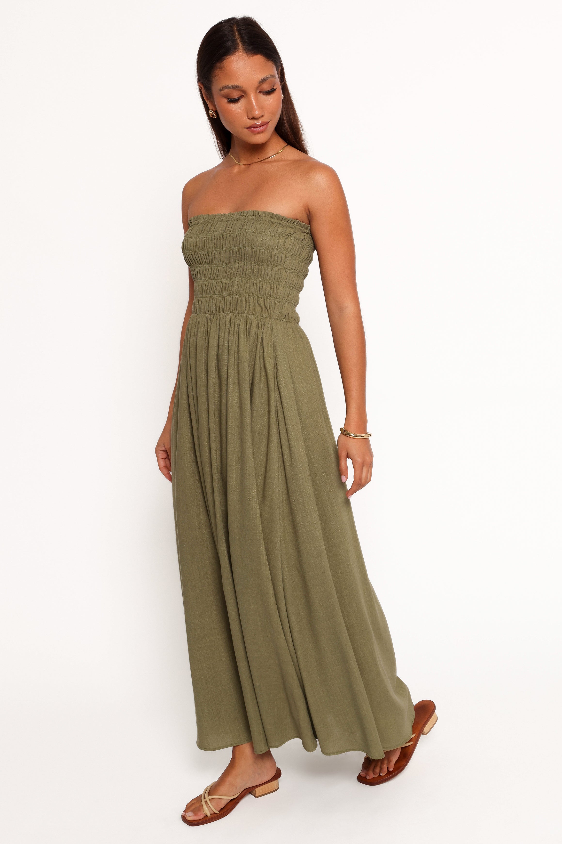 Petal and Pup USA DRESSES Linsey Strapless Midi Dress - Olive Green