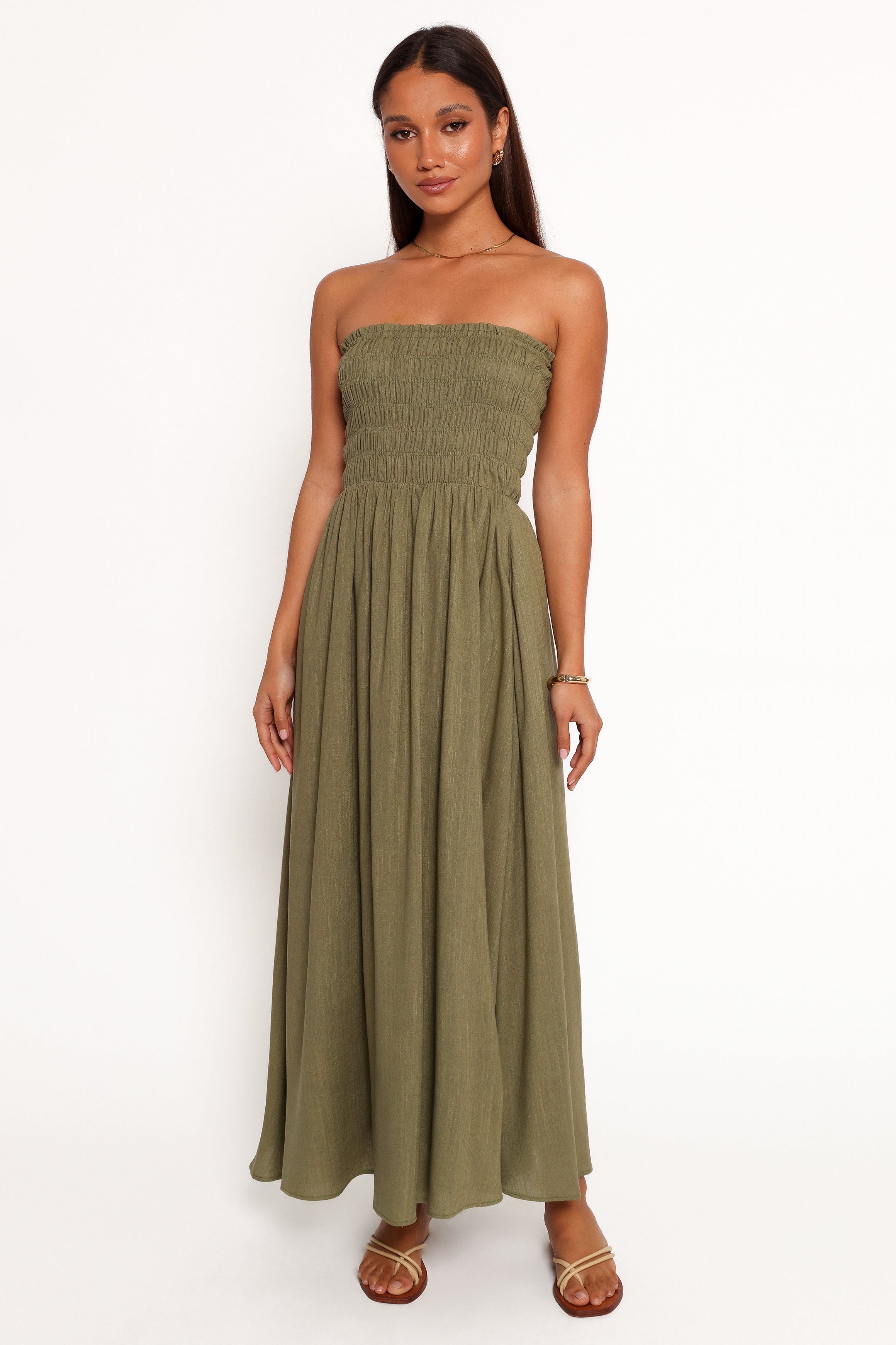 Petal and Pup USA DRESSES Linsey Strapless Midi Dress - Olive Green
