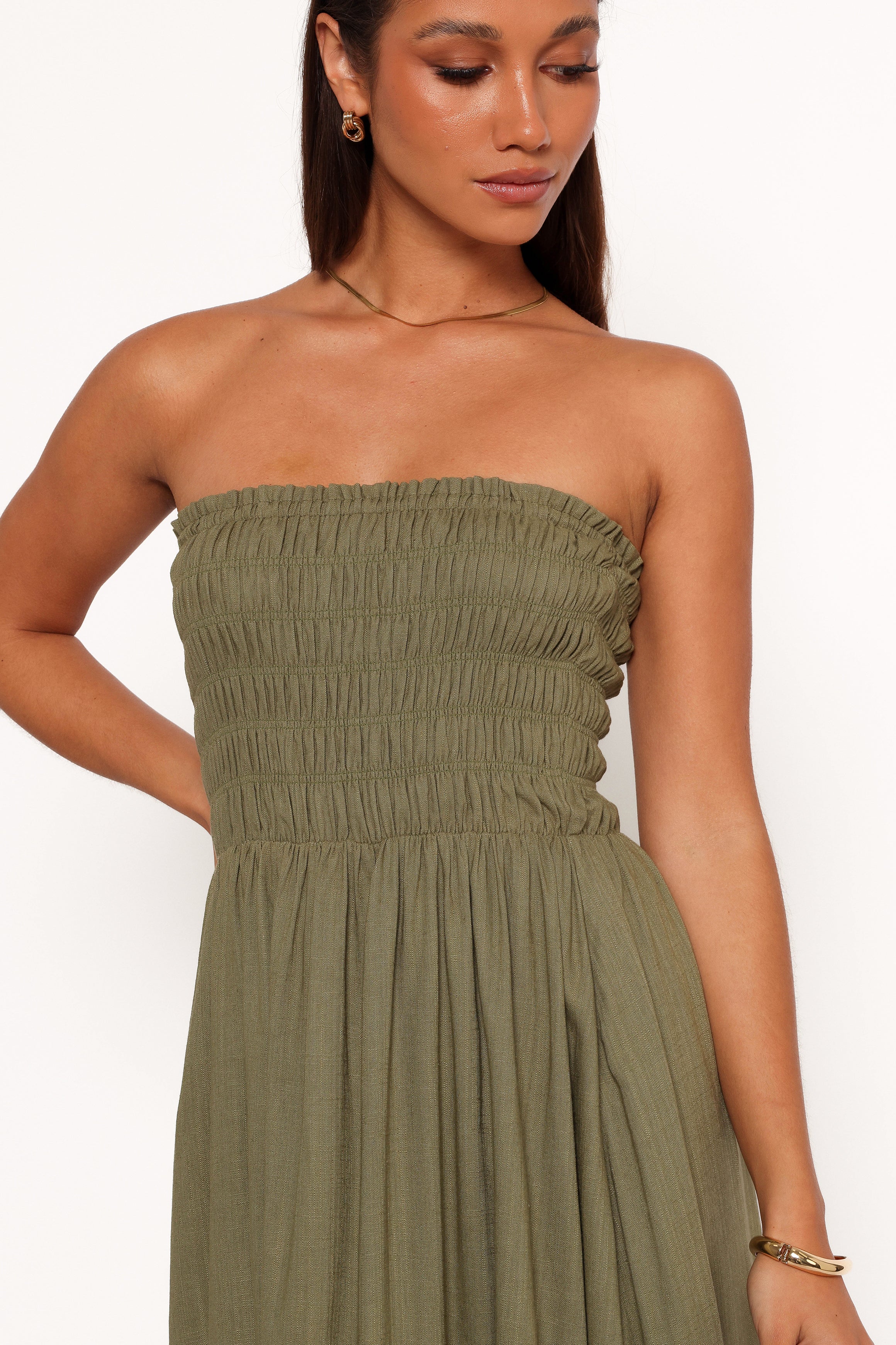Petal and Pup USA DRESSES Linsey Strapless Midi Dress - Olive Green