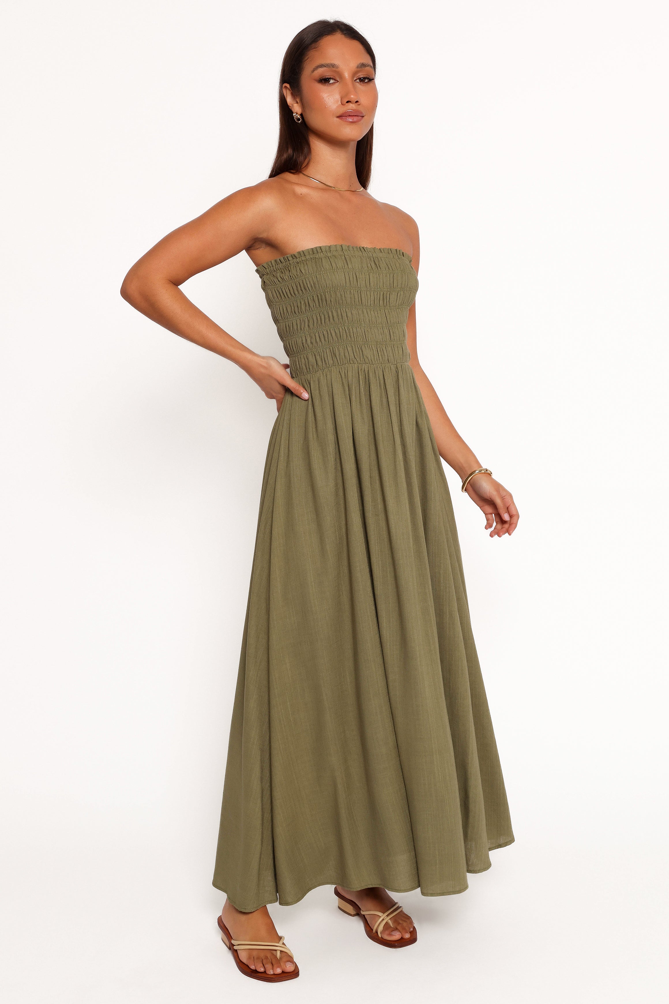 Petal and Pup USA DRESSES Linsey Strapless Midi Dress - Olive Green